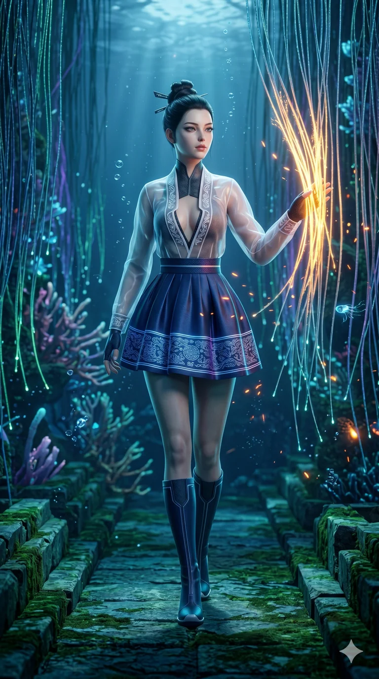 score_9, masterpiece, best quality, ultra-detailed, Semi-realistic 3D Game Render, high-fidelity character model, intricate textures, dynamic particle effects, Unreal Engine 5 aesthetic, crisp 3D depth, Caucasian woman with pale skin and refined features. Dynamic full-body shot stretching the vertical silhouette, capturing her from a powerful low-angle perspective. Walking through a forest of fiber-optic vines that react to her touch by glowing brighter. She has an absolutely perfect 8-heads proportion, an exceptionally tall and slender female figure with impossibly long slender legs and an ultra-slim waist, her statuesque height and towering silhouette dominating the vertical 9:16 frame. Her face is a masterpiece featuring a sharp v-shaped jawline, high-bridge nose, intricate jewel-like eyes with depth, thick eyelashes, and glossy lips with a natural sheen. She is wearing a Shortened cyber-hanbok skirt with a transparent jeogori, deep plunging neckline, and traditional silk patterns printed on modern tech-fabrics.. The scene is set in an underwater Eden where the plants are made of light and fiber-optics. 2k, ultra detail, master piece, 9:16 ratio