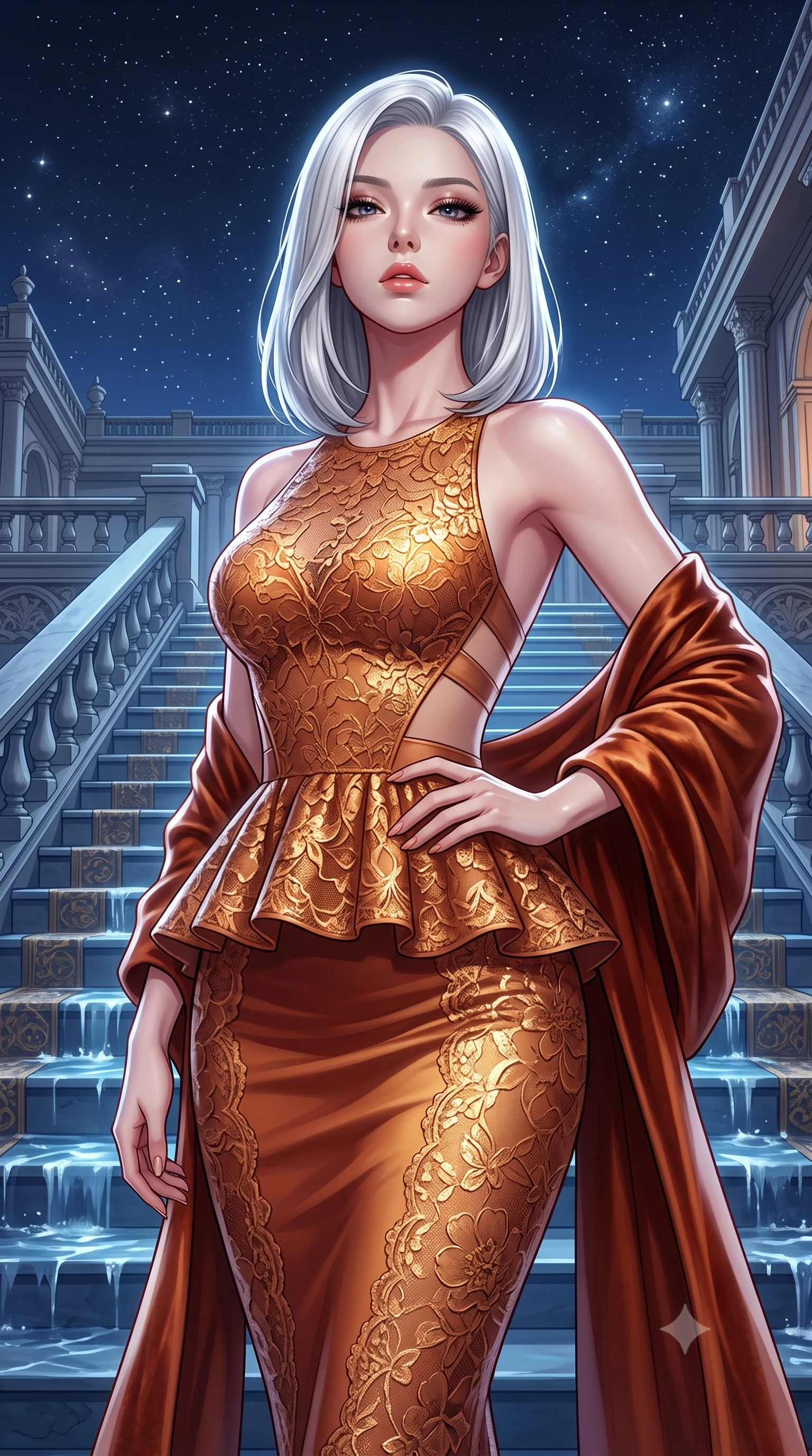 score_9, masterpiece, best quality, ultra-detailed, high-budget anime keyframe, semi-realistic 3D game render, editorial fashion photography, tasteful artistic composition, Korean woman. close-up cowboy shot from the waist and thighs up, the character dominates the composition, filling the frame with her large presence. tilting her chin up with proud, sovereign allure while gazing through thick eyelashes, one hand resting on her waist in pure supermodel charisma while gliding down the grand palace water steps with supermodel poise, her liquid dress clinging to her narrow waist and rounded hips in the moonlight. The surrounding environment is rendered in vivid detail and crisp panoramic clarity. detailed mask filigree, silk dress drape folds, and starry night sky reflections in high resolution. She has an exceptionally elegant, slender, and willowy female figure with an ultra-slim waist, flat toned midriff, narrow ribcage, and sculpted feminine hips creating an alluring, slim hourglass silhouette without bulk. sharp v-shaped jawline, high-bridge nose, intricate jewel-like eyes with depth, thick eyelashes, glossy parted lips with a natural sheen, intensely captivating and seductive bedroom-eyes expression, flawlessly proportioned anatomical accuracy, strict slender model proportions, natural body alignment, perfectly sculpted long slender limbs, ultra-slim waistline, clean dynamic posture without body distortion. wearing a structural geometric peplum gown with sheer side-ribbon cutouts and form-fitting skirt in molten desert gold and burnt terracotta, formed from shimmering floral lace over smooth opaque silk lining, complemented by a plush velvet shawl draped loosely over her elbows, the dramatically scooped open back descending to the base of her spine, accentuating her razor-sharp statuesque lines and slim hourglass silhouette. illuminated by crisp specular highlights defining her slender neckline, ultra-slim waist, and curvy hips. highly saturated vibrant anime colors, detailed shading with soft gradients, rich glossy textures, high-contrast stereoscopic depth, volumetric dynamic lighting, master piece, 9:16 ratio