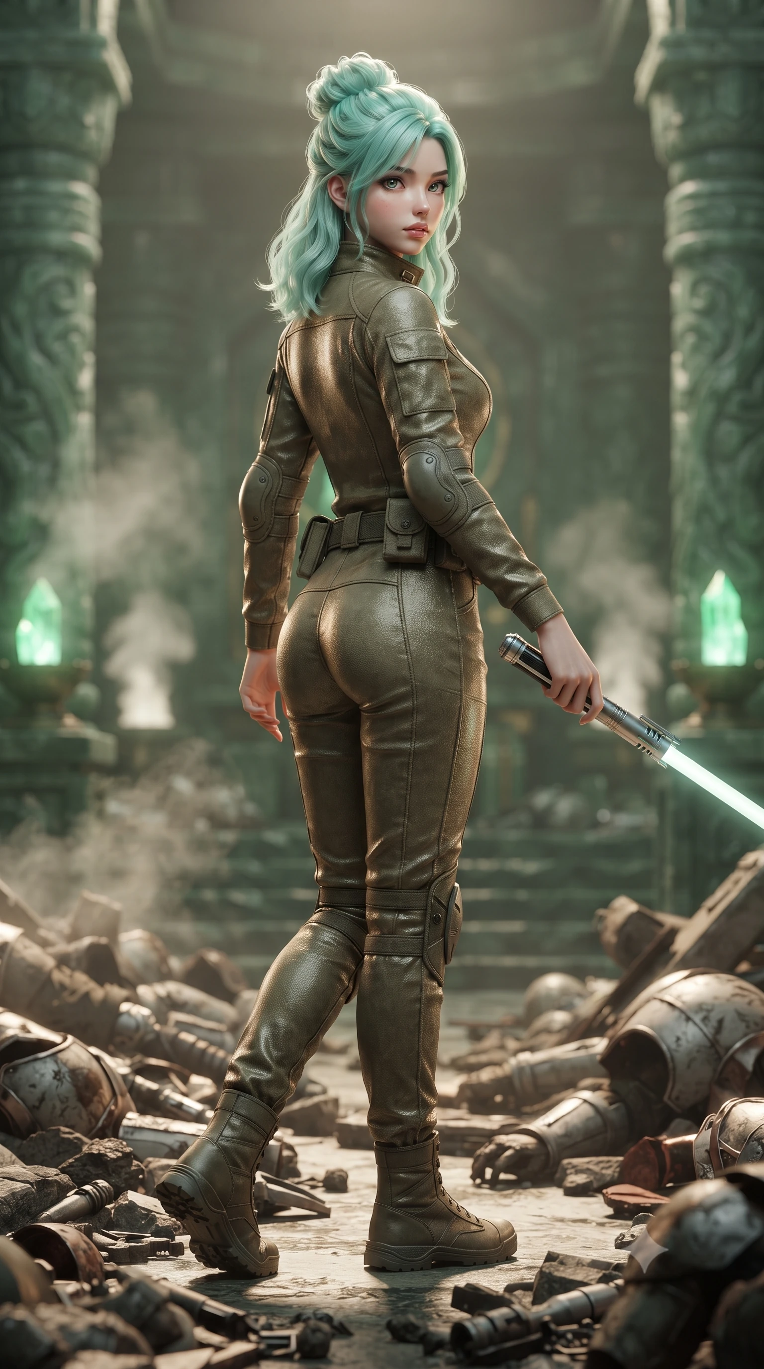 score_9, masterpiece, best quality, ultra-detailed, high-budget anime keyframe, editorial fashion photography, tasteful artistic composition, Japanese woman. low angle full-body shot from head to toe showing her feet, filling the entire 9:16 vertical frame with her statuesque presence, stretching her vertical silhouette. stepping gracefully through battlefield debris with a glowing saber hilt in hand, looking back over her shoulder, the background shows a soft-focus a jade stone sanctuary chamber with steam vents and green crystal lamps. She has an absolutely perfect, statuesque 8.5-heads proportion, an exceptionally tall and slender model-like female figure with impossibly long slender legs and an ultra-slim waist. sharp v-shaped jawline, high-bridge nose, intricate jewel-like eyes with depth, thick eyelashes, glossy lips with a natural sheen. wearing a body-hugging high-collared utility combat jumpsuit made of rugged olive-drab ballistic fabric with protective knee guards. low-contrast, soft warm ambient uplight casting a peaceful, gold glow. ultra-reflective glossy finish, specular highlights, metallic sheen, high-contrast stereoscopic depth, volumetric dynamic lighting, 2k, ultra detail, master piece, 9:16 ratio