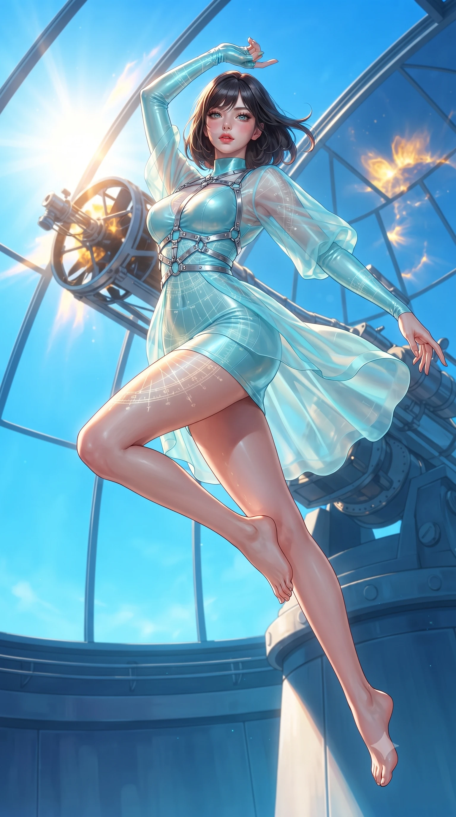 score_9, masterpiece, best quality, ultra-detailed, high-budget anime keyframe, editorial fashion photography, tasteful artistic composition, Korean woman. low angle full-body shot from head to toe showing her feet, filling the entire 9:16 vertical frame with her statuesque presence, stretching her vertical silhouette. leaping dynamically through the luminous sky, her posture full of power and elegance, poised before a giant solar telescope tracking golden coronal flares, translucent sun-dial markings projected onto her sleek outfit. She has an absolutely perfect, statuesque 8.5-heads proportion, an exceptionally tall and slender model-like female figure with impossibly long slender legs and an ultra-slim waist. sharp v-shaped jawline, high-bridge nose, intricate jewel-like eyes with depth, thick eyelashes, glossy lips with a natural sheen. wearing glove-like fit pale turquoise latex bodycon mini dress in radiant platinum, made of sheer opal chiffon overlay, highlighted by a platinum metallic harness structure, following her slender form with tailored precision. lit by intense solar key light piercing through glass panes. highly saturated vibrant anime colors, detailed shading with soft gradients, rich glossy textures, high-contrast stereoscopic depth, volumetric dynamic lighting, master piece, 9:16 ratio