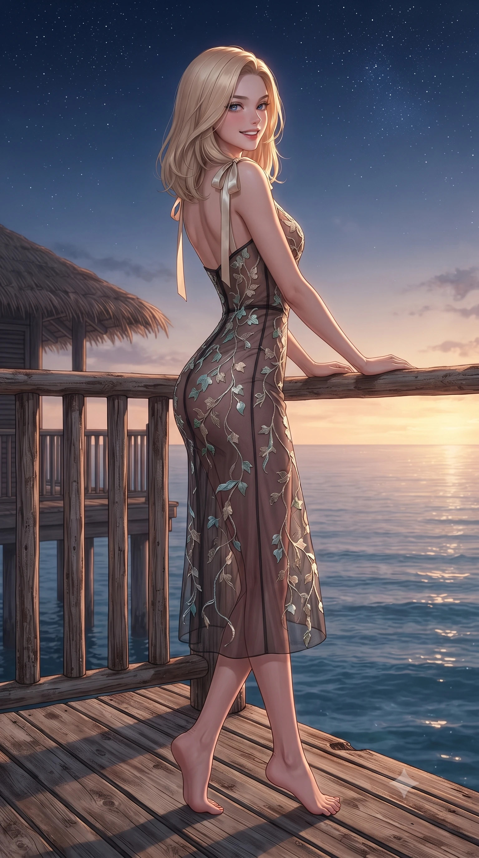 score_9, masterpiece, best quality, ultra-detailed, high-budget anime keyframe, editorial fashion photography, tasteful artistic composition, Korean woman. low angle full-body shot from head to toe showing her feet, filling the entire 9:16 vertical frame with her statuesque presence, stretching her vertical silhouette. walking along the terrace with poise, looking back over her bare shoulder with an irresistible smoldering bedroom-gaze while leaning against the rustic timber stilt balustrade with hips cocked back, looking across the infinite calm ocean horizon with heavy-lidded bedroom-eyes. The surrounding environment is rendered in vivid detail and crisp panoramic clarity: detailed outfit texture, delicate trims, and bespoke island architecture in high resolution. She has an exceptionally tall and slender model-like 8.5-heads proportion, an ultra-slim waist, a flat toned midriff, narrow delicate ribcage, and beautifully sculpted feminine hips creating a graceful, slim hourglass silhouette without any bulky heaviness, with impossibly long slender legs. sharp v-shaped jawline, high-bridge nose, intricate jewel-like sparkling eyes with depth, thick eyelashes, glossy parted lips with a natural peach sheen, bright cheerful beaming smile with an enchanting and coquettish sensual glint, exuding both youthful cute charm and seductive allure, flawlessly proportioned anatomical accuracy, strict slender model proportions, natural body alignment, perfectly sculpted long slender limbs, ultra-slim waistline, clean dynamic posture without body distortion. wearing a provocative sheer noir illusion mesh cocktail dress with embroidered climbing ivy ribbons contouring her curves in iridescent seafoam pearl and champagne luster, crafted from bespoke double-faced cashmere with an exceptionally soft tactile finish, finished with satin ribbon ties at the shoulders fluttering in the gentle breeze, the form-contouring silhouette accentuating her sculpted flat midriff, narrow delicate ribcage, and gracefully curvy hips with intoxicating allure. bathed in the warm radiant 2800K tropical sunset glow transitioning into star-filled Indian Ocean night. ultra-reflective glossy finish, specular highlights, rich textural contrasts, high-contrast stereoscopic depth, volumetric dynamic lighting, 2k, ultra detail, master piece, 9:16 ratio