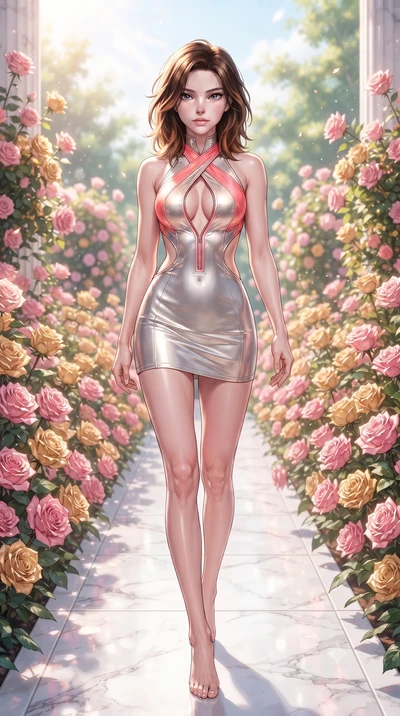 score_9, masterpiece, best quality, ultra-detailed, high-budget anime keyframe, editorial fashion photography, tasteful artistic composition, Korean woman. low angle full-body shot from head to toe showing her feet, filling the entire 9:16 vertical f