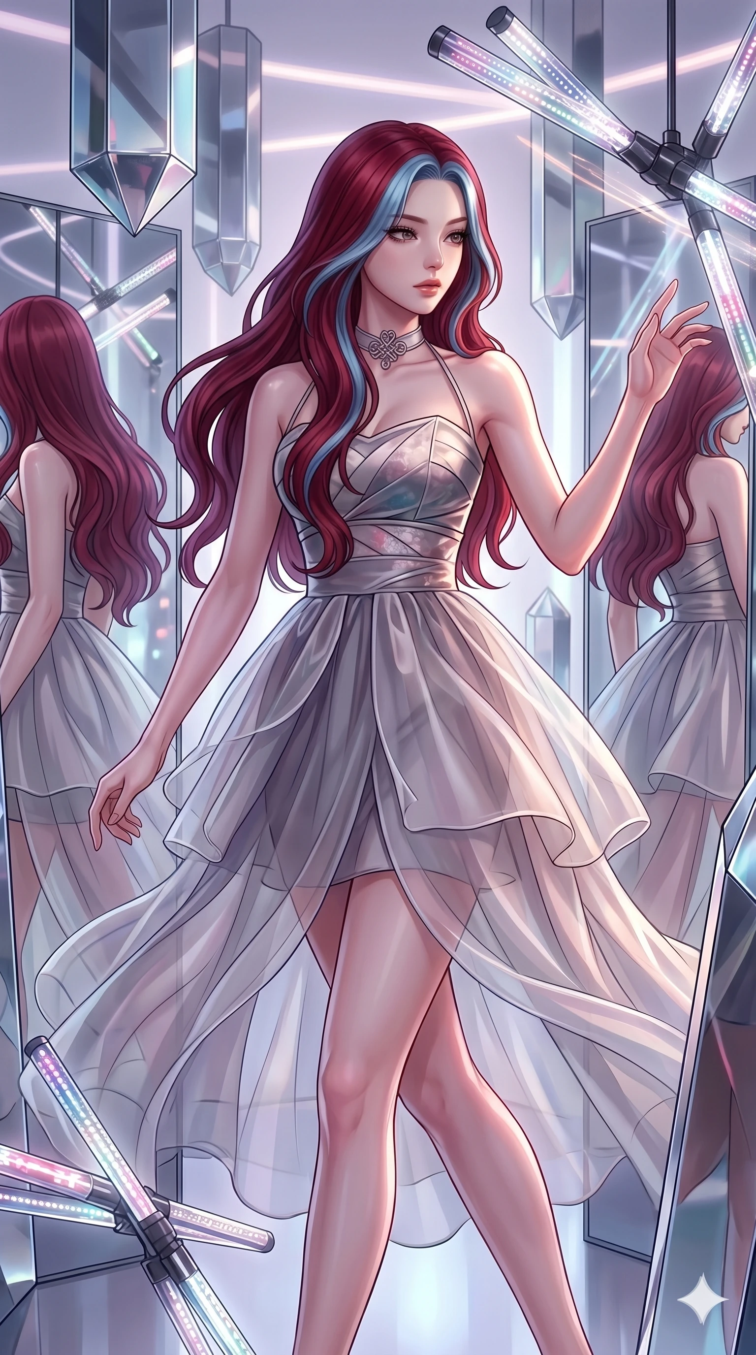score_9, masterpiece, best quality, ultra-detailed, high-budget anime keyframe, Korean woman. upper body close-up from the thighs up, character filling the screen for maximum presence. navigating a kinetic light-sculpture mirror maze, passing between floating chromium mirror pillars and rotating LED sticks. She has an absolutely perfect 8-heads proportion, an exceptionally tall and slender female figure with impossibly long slender legs and an ultra-slim waist. V-shaped jawline, high-bridge nose, intricate jewel-like eyes with depth, thick eyelashes, glossy lips with a natural sheen.. wearing a modern fusion silk hanbok dress, featuring a silk bustier top, layered sheer organza skirts, and a traditional knot choker. lit by a soft glowing ambient light and a sharp side key light that traces the sleek contours of her athletic build. 2k, ultra detail, master piece, 9:16 ratio