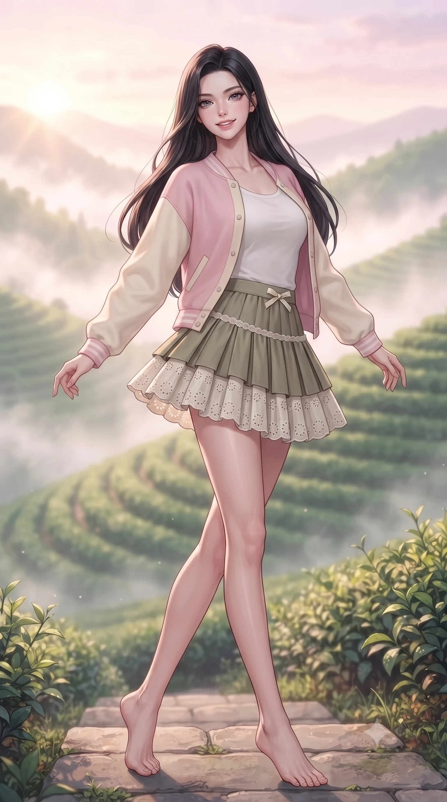 score_9, masterpiece, best quality, ultra-detailed, high-budget anime keyframe, editorial fashion photography, tasteful artistic composition, Korean woman. low angle full-body shot from head to toe showing her feet, filling the entire 9:16 vertical frame with her statuesque presence, stretching her vertical silhouette. pivoting dynamically with a fresh infectious smile, her ultra-slim waist and long slender legs creating a fluid graceful line while pivoting dynamically on a stone garden step as the first rays of morning sun break over the emerald tea terraces. The composition keeps background elements in soft focus with creamy bokeh. curling morning mist layers and terraced emerald tea ridges blurred into soft pastel green and golden dawn bokeh. She has an absolutely perfect, statuesque 8.5-heads proportion, an exceptionally tall and slender model-like female figure with impossibly long slender legs, a toned flat midriff, and an ultra-slim waist. sharp v-shaped jawline, high-bridge nose, intricate jewel-like eyes with depth, thick eyelashes, glossy lips with a natural sheen, pure and lovely fresh girlhood expression, flawlessly proportioned anatomical accuracy, strict slender model proportions, natural body alignment, perfectly sculpted long slender limbs, ultra-slim waistline, clean dynamic posture without body distortion. wearing a chic pastel varsity cardigan over a simple white scoop-neck tee and a pleated mini skirt in muted olive green and ivory cotton, woven with delicate eyelet lace and breathable cotton voile, accented with a dainty ribbon bow at the waistline, the chic real-way fashion cut emphasizing her effortless charm, flat midriff, and slender model proportions. bathed in soft pastel pink and golden dawn sunrise light breaking through rolling morning mist. ultra-reflective glossy finish, specular highlights, rich natural textures, high-contrast stereoscopic depth, volumetric dynamic lighting, 2k, ultra detail, master piece, 9:16 ratio