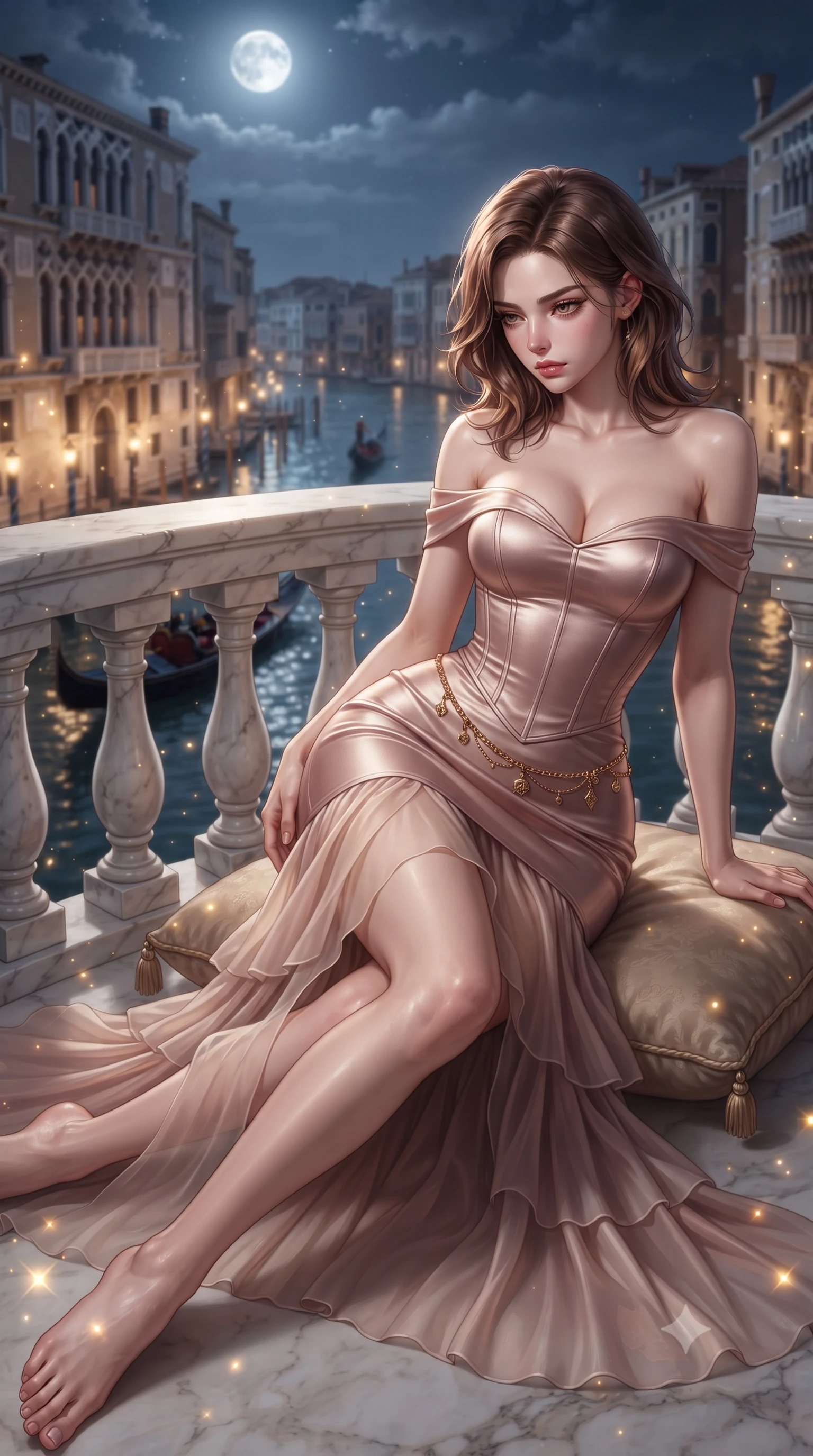 score_9, masterpiece, best quality, ultra-detailed, high-budget anime keyframe, editorial fashion photography, tasteful artistic composition, Korean woman. low angle full-body shot from head to toe showing her feet, filling the entire 9:16 vertical frame with her statuesque presence, stretching her vertical silhouette. reclining on her side in an elegant Cleopatra pose with one knee drawn up, the dramatic contour of her rounded hips and long slender legs commanding the 9:16 vertical frame while leaning against the marble balustrade of a Grand Canal palazzo with hips cocked back, gazing down at the passing gondolas with seductive bedroom-eyes. The composition keeps background elements in soft focus with creamy bokeh. gondola lantern reflections and water ripple sparkles scattering radiant golden light motes. She has an exceptionally tall and slender model-like 8.5-heads proportion, an ultra-slim waist, a flat toned midriff, narrow delicate ribcage, and beautifully sculpted feminine hips creating a graceful, slim hourglass silhouette without any bulky heaviness, with impossibly long slender legs. sharp v-shaped jawline, high-bridge nose, intricate jewel-like eyes with depth, thick eyelashes, glossy parted lips with a natural sheen, intensely captivating and seductive bedroom-eyes expression, flawlessly proportioned anatomical accuracy, strict slender model proportions, natural body alignment, perfectly sculpted long slender limbs, ultra-slim waistline, clean dynamic posture without body distortion. wearing an off-shoulder French court corset bodice dress paired with a tiered translucent chiffon slit skirt in dusky blush rose and champagne shimmer, tailored from smooth liquid silk satin adhering seamlessly to her skin, accented with a delicate gold chain belt resting loosely on her curvy hips, the liquid-tight tailored fabric clinging flawlessly to her narrow waist and rounded feminine hips, emphasizing every millimeter of her sculpted slim hourglass curves without any bulky heaviness. bathed in cool silver full-moon light streaming from above and warm amber gondola lantern uplights. ultra-reflective glossy finish, specular highlights, rich textural contrasts, high-contrast stereoscopic depth, volumetric dynamic lighting, 2k, ultra detail, master piece, 9:16 ratio