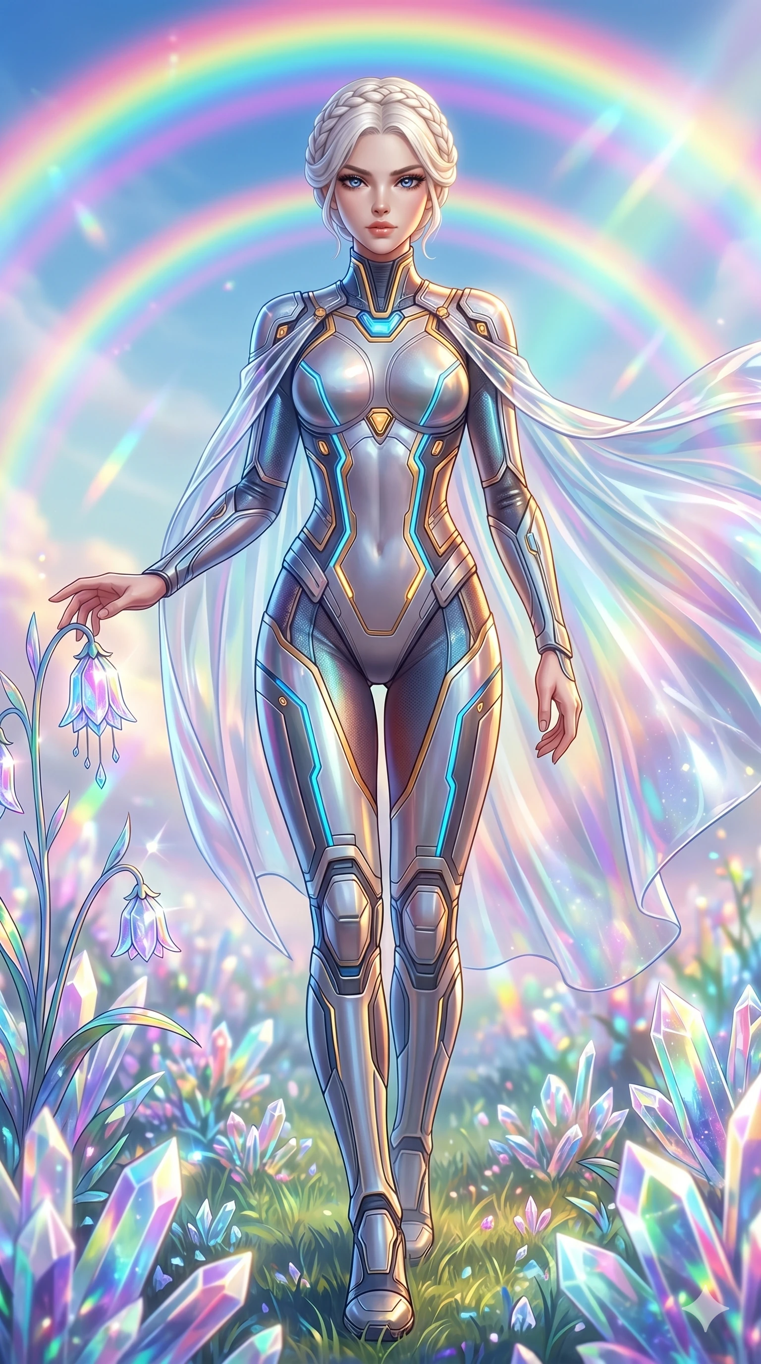 score_9, masterpiece, best quality, ultra-detailed, Set A: Photorealistic 8k CG, Japanese woman. Low angle cowboy shot filling the entire 9:16 frame with her statuesque presence. Walking through a field of crystal flowers that chime as she touches them under a rainbow sky. She has an absolutely perfect 8-heads proportion, an exceptionally tall and slender female figure with impossibly long slender legs and an ultra-slim waist. Sharp v-shaped jawline, high-bridge nose, intricate jewel-like eyes with depth, thick eyelashes, glossy lips. Wearing a Tech-Fantasy outfit: cybernetic tech-suit with glowing seams and a translucent PVC cape. Background is a bright and colorful ethereal fantasy meadow with prismatic crystal flora and vibrant lighting. 2k, ultra detail, master piece, 9:16 ratio