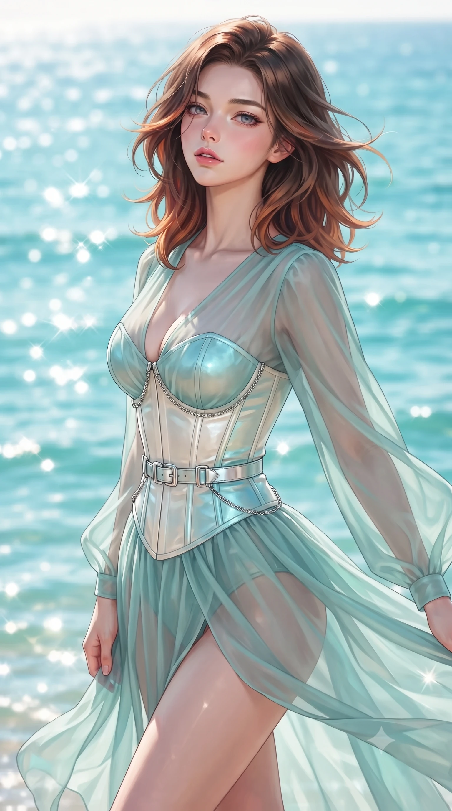 score_9, masterpiece, best quality, ultra-detailed, high-budget anime keyframe, editorial fashion photography, tasteful artistic composition, Korean woman. close-up cowboy shot from the waist and thighs up, the character dominates the composition, filling the frame with her large presence, background elements kept in soft focus. Tilting her chin up slightly with lips parted in a composed, magnetic expression, looking out over a sparkling turquoise ocean as wind trails move her attire, sparkling ocean ripples forming a bright turquoise backdrop in soft focus. She has an exceptionally elegant, slender, and willowy female figure with an ultra-slim waist, a gracefully sculpted slender torso, and a refined silhouette. sharp v-shaped jawline, high-bridge nose, intricate jewel-like eyes with depth, thick eyelashes, glossy lips with a natural sheen. wearing semi-opaque sheer seafoam chiffon gown revealing structured corset silhouette in glowing ivory, made of iridescent turquoise taffeta, framed by polished silver buckles and delicate chain details, the fitted fabric emphasizing her ultra-slim waist. surrounded by a airy, radiant ambiance with natural sunburst highlights. highly saturated vibrant anime colors, detailed shading with soft gradients, rich glossy textures, high-contrast stereoscopic depth, volumetric dynamic lighting, master piece, 9:16 ratio