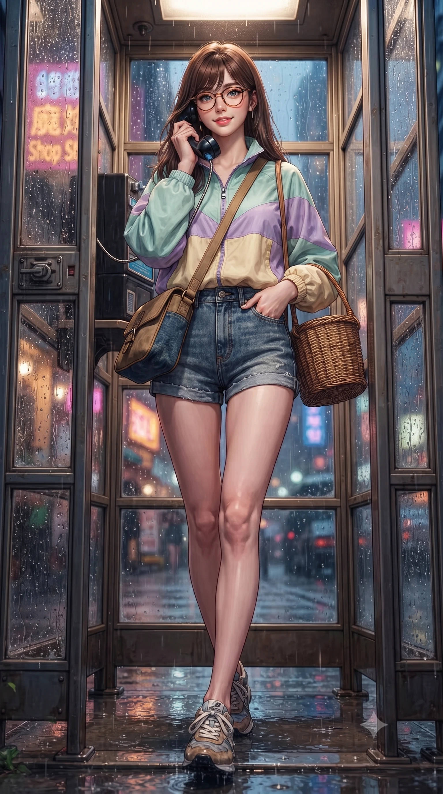 score_9, masterpiece, best quality, ultra-detailed, high-budget anime keyframe, editorial fashion photography, tasteful artistic composition, Korean woman. low angle full-body shot from head to toe showing her feet, filling the entire 9:16 vertical frame with her statuesque presence, stretching her vertical silhouette. striding forward in a proud, dynamic supermodel runway stride, her statuesque vertical silhouette commanding the entire frame while standing inside a vintage glass telephone booth with raindrops streaming down the panes, holding the receiver with a gentle smile. The composition keeps background elements in soft focus with creamy bokeh. streaming glass raindrop streaks and distant neon shop signs blurred into dreamy magenta, amber, and deep blue bokeh. She has an absolutely perfect, statuesque 8.5-heads proportion, an exceptionally tall and slender model-like female figure with impossibly long slender legs, a toned flat midriff, and an ultra-slim waist. sharp v-shaped jawline, high-bridge nose, intricate jewel-like eyes with depth, thick eyelashes, glossy lips with a natural sheen, captivating and magnetic expression, flawlessly proportioned anatomical accuracy, strict slender model proportions, natural body alignment, perfectly sculpted long slender limbs, ultra-slim waistline, clean dynamic posture without body distortion. wearing a retro pastel colorblock windbreaker paired with high-waisted denim shorts and a canvas crossbody bag in vintage camel brown and washed indigo denim, tailored from velvety soft genuine suede with classic stitched seams, accessorized with a rustic woven wicker basket bag and round tortoiseshell glasses, the liquid-tight tailored fabric emphasizing every curve of her tall, slender model proportions and sculptured silhouette during dynamic movement. illuminated by soft glowing highlights defining her delicate features, glossy lips, and slender torso. ultra-reflective glossy finish, specular highlights, rich textural contrasts, high-contrast stereoscopic depth, volumetric dynamic lighting, 2k, ultra detail, master piece, 9:16 ratio