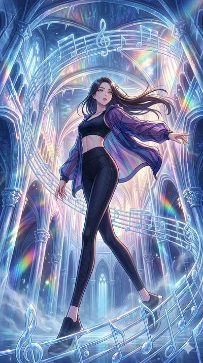 score_9, masterpiece, best quality, ultra-detailed, high-budget anime movie keyframe, cinematic anime lighting, intricate line art, Korean anime girl. Dynamic full-body shot stretching the vertical silhouette with extreme perspective. spinning in a c