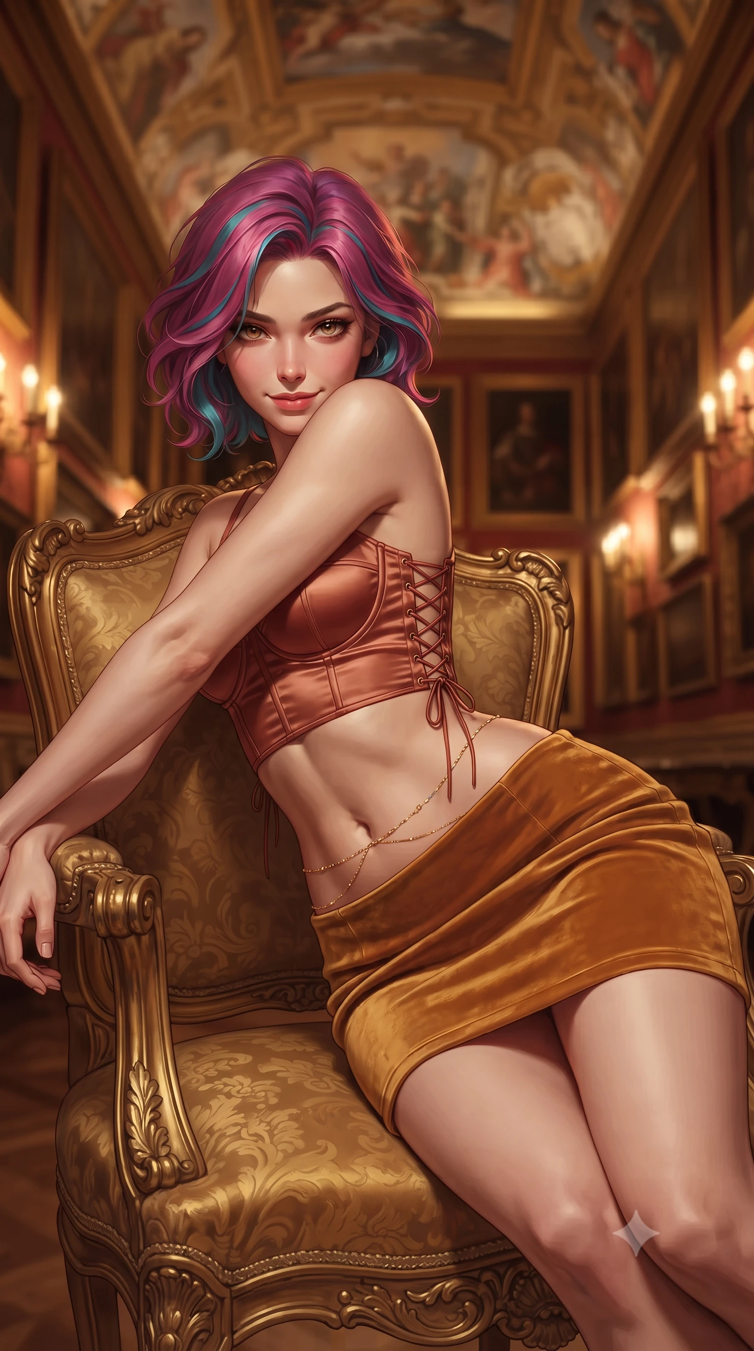 score_9, masterpiece, best quality, ultra-detailed, high-budget anime keyframe, editorial fashion photography, tasteful artistic composition, Caucasian woman. close-up cowboy shot from the waist and thighs up, the character dominates the composition, filling the frame with her large presence. leaning forward while arching her lower back to accentuate her curvy hips, looking into the camera with an intoxicating smoldering gaze and bedroom-eyes while lounging in the carved gilded Medici armchair propped on one elbow with legs extended, displaying her long slender limbs and statuesque hourglass silhouette. The background shows a soft-focus dense gallery walls of gilded Renaissance frames, painted Pietro da Cortona ceiling frescoes, and heavy crimson silk damask blurred into ruby, ivory, and gold bokeh. She has an exceptionally elegant, slender, and willowy female figure with an ultra-slim waist, flat toned midriff, narrow ribcage, and sculpted feminine hips creating an alluring, slim hourglass silhouette without bulk. sharp v-shaped jawline, high-bridge nose, intricate jewel-like sparkling eyes with depth, thick eyelashes, glossy parted lips with a natural peach sheen, bright cheerful beaming smile with an enchanting and coquettish sensual glint, exuding both youthful cute charm and seductive allure, flawlessly proportioned anatomical accuracy, strict slender model proportions, natural body alignment, perfectly sculpted long slender limbs, ultra-slim waistline, clean dynamic posture without body distortion. wearing a sculpted satin underwire crop bustier with lace-up side ties paired with a micro skirt in Florentine Renaissance Medici terracotta and warm gilded ochre, tailored from ultra-plush silk velvet with rich tactile depth and deep shadow gradients, accented with a dainty gold belly chain resting across her flat midriff and curving hips, the liquid-tight tailored fabric clinging flawlessly to her narrow waist and rounded feminine hips, emphasizing every millimeter of her sculpted slim hourglass curves without any bulky heaviness. bathed in the warm intimate 2500K golden illumination of wall candelabra sconces dimmed to an evening gala ambiance. ultra-reflective glossy finish, specular highlights, rich textural contrasts, high-contrast stereoscopic depth, volumetric dynamic lighting, 2k, ultra detail, master piece, 9:16 ratio