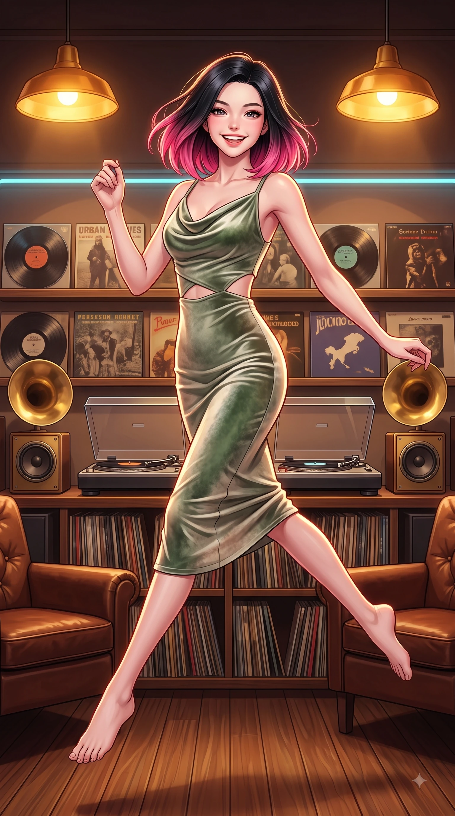 score_9, masterpiece, best quality, ultra-detailed, high-budget anime keyframe, editorial fashion photography, tasteful artistic composition, Korean woman. low angle full-body shot from head to toe showing her feet, filling the entire 9:16 vertical frame with her statuesque presence, stretching her vertical silhouette. leaping with pure youthful energy through mid-air with a radiant bright smile, her impossibly long slender legs stretched in balance while resting on a leather stool under warm amber record store lamps with a cozy joyful grin, vintage turntables, brass speakers, and leather armchairs creating retro charm. She has an absolutely perfect, statuesque 8.5-heads proportion, an exceptionally tall and slender model-like female figure with impossibly long slender legs and an ultra-slim waist. sharp v-shaped jawline, high-bridge nose, intricate jewel-like eyes with depth, thick eyelashes, glossy lips with a natural sheen, flawlessly proportioned anatomical accuracy, natural body alignment, perfectly sculpted elegant limbs, clean dynamic posture without body distortion. wearing an elegant cowl-neck satin midi dress with a graceful draped neckline in sage green and oatmeal, made of premium stretch velvet with a rich sheen, featuring subtle geometric cutouts that highlight her ultra-slim midriff, the sleek second-skin texture accentuating her magnetic presence. bathed in warm golden amber lamp glow and retro neon rim light. highly saturated vibrant anime colors, detailed shading with soft gradients, rich glossy textures, high-contrast stereoscopic depth, volumetric dynamic lighting, master piece, 9:16 ratio