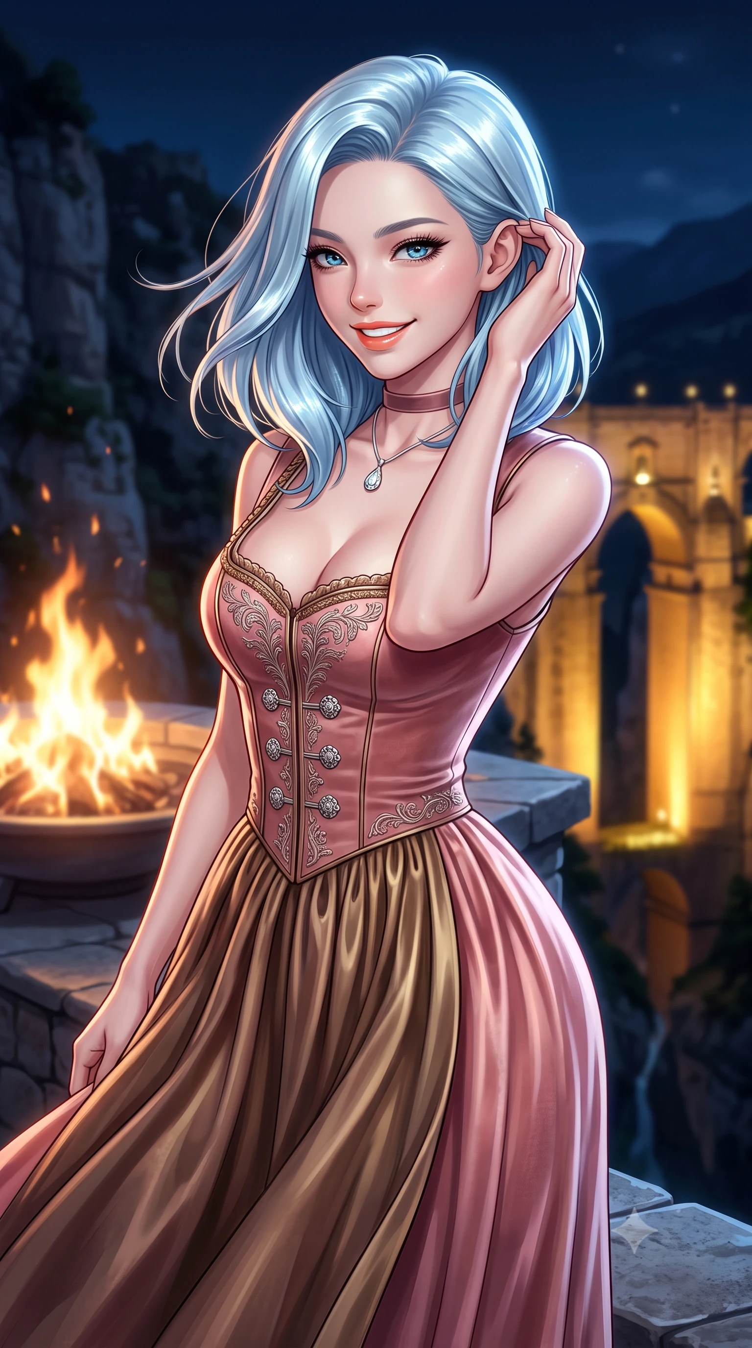score_9, masterpiece, best quality, ultra-detailed, high-budget anime keyframe, semi-realistic 3D game render, editorial fashion photography, tasteful artistic composition, Korean woman. close-up cowboy shot from the waist and thighs up, the character dominates the composition, filling the frame with her large presence. gently brushing a lock of hair behind her ear while casting a playful, flirtatious side-gaze with long eyelashes while standing poised on the cantilevered stone terrace at the dizzying edge of the vertical 120-meter limestone gorge, arching her lower back as nocturnal mountain winds whip around her silhouette. The background shows a soft-focus dancing fire pit flames softened in dramatic mountain clifftop shallow focus. She has an exceptionally elegant, slender, and willowy female figure with an ultra-slim waist, flat toned midriff, narrow ribcage, and sculpted feminine hips creating an alluring, slim hourglass silhouette without bulk. sharp v-shaped jawline, high-bridge nose, intricate jewel-like sparkling eyes with depth, thick eyelashes, glossy parted lips with a natural peach sheen, bright cheerful beaming smile with an enchanting and coquettish sensual glint, exuding both youthful cute charm and seductive allure, flawlessly proportioned anatomical accuracy, strict slender model proportions, natural body alignment, perfectly sculpted long slender limbs, ultra-slim waistline, clean dynamic posture without body distortion. wearing a regal Bavarian Alpine velvet dirndl-inspired tailored evening gown with delicate silver heraldic buttons in rose-quartz blush and antique burnished brass, tailored from ultra-plush silk velvet with rich tactile depth and deep shadow gradients, finished with a thin velvet ribbon choker and a single teardrop diamond pendant, the impeccably tailored cut draping gracefully along her slender figure with aristocratic poise. bathed in the contrast of warm 2100K terrace fire pit flames and golden architectural floodlights on the Puente Nuevo bridge. highly saturated vibrant anime colors, detailed shading with soft gradients, rich glossy textures, high-contrast stereoscopic depth, volumetric dynamic lighting, master piece, 9:16 ratio
