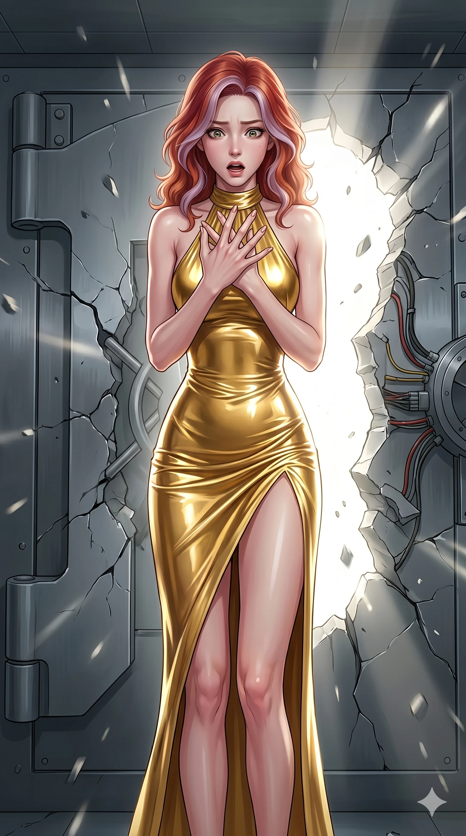 score_9, masterpiece, best quality, ultra-detailed, high-budget anime keyframe, editorial fashion photography, tasteful artistic composition, Caucasian woman, strictly human ears. cowboy shot from the thighs up, character and outfit filling the frame for maximum editorial presence. looking down at her hands with a stunned, disbelieving expression, her body tensed in surprise inside a high-security vault door that has just violently cracked open (Scenario Code U-21). She has an absolutely perfect 8-heads proportion, an exceptionally tall and slender female figure with impossibly long slender legs and an ultra-slim waist. V-shaped jawline, high-bridge nose, intricate jewel-like eyes with depth, thick eyelashes, glossy lips with a natural sheen. wearing a liquid gold halter-neck dress with a dangerously high front slit, highlighting her legs. illuminated by the sudden blinding white flash of a nearby explosion or searchlight. 2k, ultra detail, master piece, 9:16 ratio