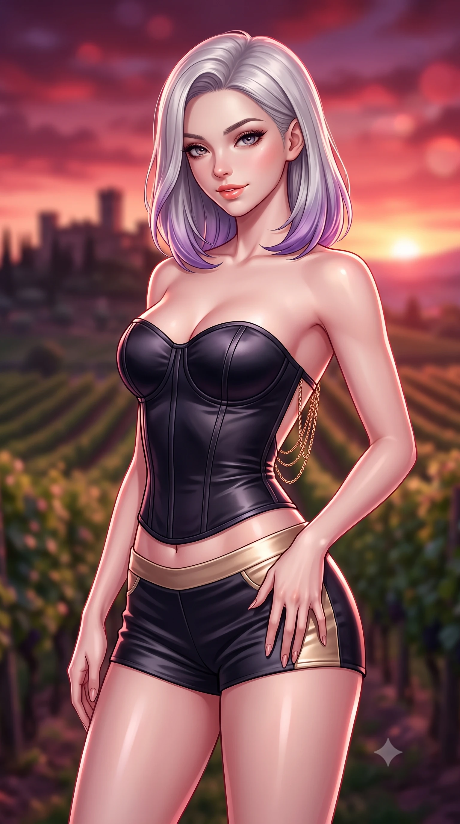 score_9, masterpiece, best quality, ultra-detailed, high-budget anime keyframe, semi-realistic 3D game render, editorial fashion photography, tasteful artistic composition, Caucasian woman. close-up cowboy shot from the waist and thighs up, the character dominates the composition, filling the frame with her large presence. tilting her head with a teasing half-smile, running one hand slowly down the side of her hip in a flirtatious S-curve as ambient light caresses her silhouette while twisting her slender torso in an alluring S-curve, crimson and gold water reflections dancing across her bare shoulders, flat midriff, and hips. The background shows a soft-focus lush Sangiovese vineyard rows stretching to the horizon, ancient hilltop castle silhouettes, and fiery crimson sunset sky blurred into rose-gold, burgundy, and violet bokeh. She has an exceptionally elegant, slender, and willowy female figure with an ultra-slim waist, flat toned midriff, narrow ribcage, and sculpted feminine hips creating an alluring, slim hourglass silhouette without bulk. sharp v-shaped jawline, high-bridge nose, sparkling eyes with hypnotic seductive depth, thick curled eyelashes, glossy parted lips with a natural dewy peach sheen, alluring bedroom-eyes with an enchanting coquettish smile, exuding magnetic siren charisma and sophisticated glamour, flawlessly proportioned anatomical accuracy, strict slender model proportions, natural body alignment, perfectly sculpted long slender limbs, ultra-slim waistline, clean dynamic posture without body distortion. wearing a strapless boned satin corset bodice paired with low-waisted tailored satin hot-pants in midnight obsidian black and liquid champagne gold, woven from buttery-soft stretch lambskin leather adhering to her body like a second skin, accented with an open-back drape framed by falling strands of delicate gold chains, the liquid-tight tailored fabric clinging flawlessly to her narrow waist and rounded feminine hips, emphasizing every millimeter of her sculpted slim hourglass curves without any bulky heaviness. illuminated by pool water specular reflections and sharp rose-gold rim lights defining her delicate clavicles, ultra-slim waist, and curvy hips. highly saturated vibrant anime colors, detailed shading with soft gradients, rich glossy textures, high-contrast stereoscopic depth, volumetric dynamic lighting, master piece, 9:16 ratio