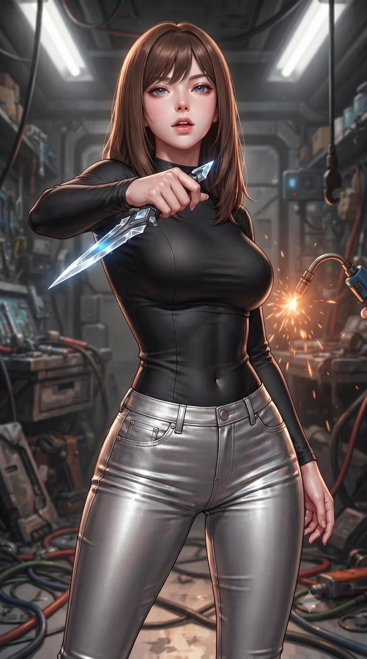 score_9, masterpiece, best quality, ultra-detailed, high-budget anime keyframe, editorial fashion photography, tasteful artistic composition, Korean woman. close-up cowboy shot from the waist and thighs up, the character dominates the composition, filling the frame with her large presence, background elements kept in soft focus. pointing a crystal-edged laser dagger forward in a defensive stance, tilting her chin up slightly with lips parted in a composed pose, the background shows a soft-focus a mech maintenance trench filled with tools and leaking synthetic hydraulic oil. She has an exceptionally elegant, slender, and willowy female figure with an ultra-slim waist, a gracefully sculpted slender torso, and a refined silhouette. sharp v-shaped jawline, high-bridge nose, intricate jewel-like eyes with depth, thick eyelashes, glossy lips with a natural sheen. wearing a body-hugging body-hugging long-sleeve combat top in carbon-black, tucked into tight-fitting metallic silver skinny pants. warm orange sparks flying from a robotic welding torch casting cozy shadows. ultra-reflective glossy finish, specular highlights, metallic sheen, high-contrast stereoscopic depth, volumetric dynamic lighting, 2k, ultra detail, master piece, 9:16 ratio