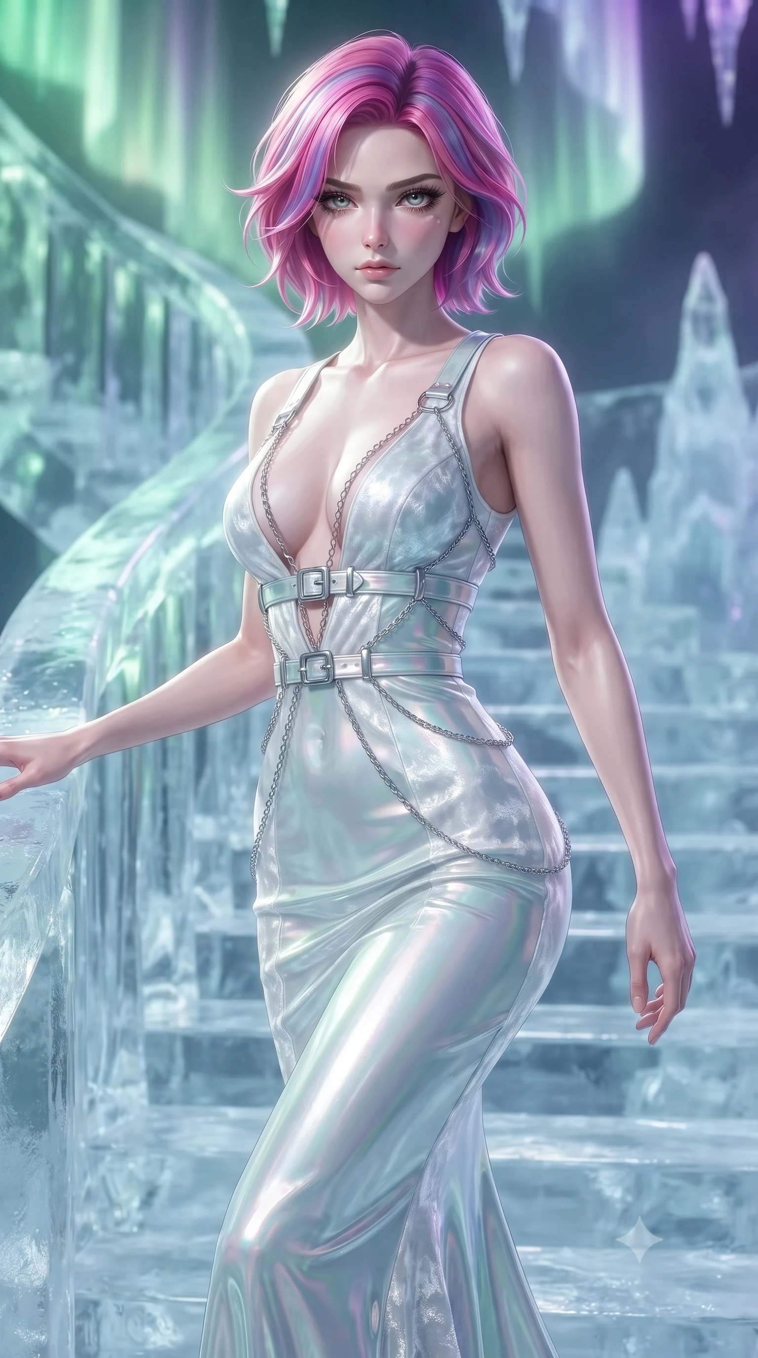score_9, masterpiece, best quality, ultra-detailed, high-budget anime keyframe, editorial fashion photography, tasteful artistic composition, Caucasian woman. close-up cowboy shot from the waist and thighs up, the character dominates the composition, filling the frame with her large presence, background elements kept in soft focus. Casting a slow, direct gaze beneath heavy lashes with quiet intensity, ascending a spiral ice staircase enveloped by curtains of green and violet light, cool silvery rim light tracing her slender vertical silhouette. She has an exceptionally elegant, slender, and willowy female figure with an ultra-slim waist, a gracefully sculpted slender torso, and a refined silhouette. sharp v-shaped jawline, high-bridge nose, intricate jewel-like eyes with depth, thick eyelashes, glossy lips with a natural sheen. wearing second-skin iridescent hologram organza bodycon maxi dress in pale opal seafoam, made of crushed white silk velvet, framed by polished silver buckles and delicate chain details, contouring every curve with an exceptionally elegant silhouette. surrounded by a freezing polar aura with sharp rainbow edge lights. ultra-reflective glossy finish, specular highlights, metallic sheen, high-contrast stereoscopic depth, volumetric dynamic lighting, 2k, ultra detail, master piece, 9:16 ratio