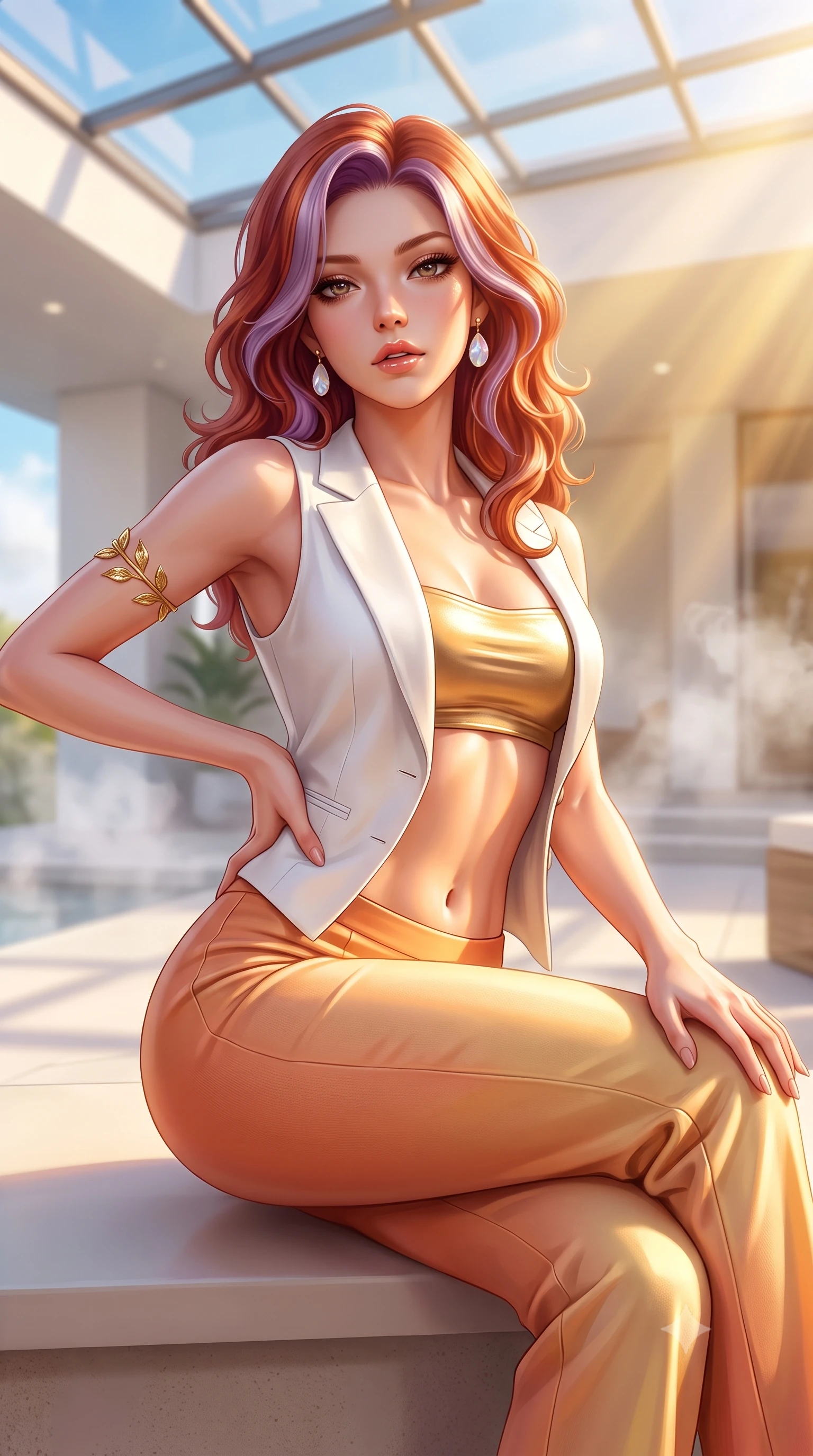 score_9, masterpiece, best quality, ultra-detailed, high-budget anime keyframe, semi-realistic 3D game render, editorial fashion photography, tasteful artistic composition, Caucasian woman. close-up cowboy shot from the waist and thighs up, the character dominates the composition, filling the frame with her large presence. arching her spine in an alluring serpentine S-curve, one hand resting on her waist with parted glossy lips and an intensely magnetic gaze while reclining on the sunlit terrace with legs crossed, basking in warm golden sunbeams that illuminate her toned midriff. The composition keeps background elements in soft focus with creamy bokeh. sleek white architecture and ambient vapor mist softened in bright dreamy shallow focus. She has an exceptionally elegant, slender, and willowy female figure with an ultra-slim waist, a gracefully sculpted slender torso, toned flat midriff, and a refined slim silhouette. sharp v-shaped jawline, high-bridge nose, intricate jewel-like eyes with depth, thick eyelashes, glossy parted lips with a natural sheen, intensely captivating and seductive expression, flawlessly proportioned anatomical accuracy, strict slender model proportions, natural body alignment, perfectly sculpted long slender limbs, ultra-slim waistline, clean dynamic posture without body distortion. wearing a tailored white solar-fiber tuxedo vest worn open over a metallic gold bandeau top and wide slacks in warm apricot and glowing solar champagne, made of flexible bio-polymer knit with second-skin elasticity, complemented by a delicate golden leaf armlet and mother-of-pearl earrings, the lightweight liquid-knit fabric adhering like a second skin to her slender frame, highlighting her effortless sun-kissed charm. bathed in glorious golden hour sunlight streaming through the solar glass ceiling. highly saturated vibrant anime colors, detailed shading with soft gradients, rich glossy textures, high-contrast stereoscopic depth, volumetric dynamic lighting, master piece, 9:16 ratio