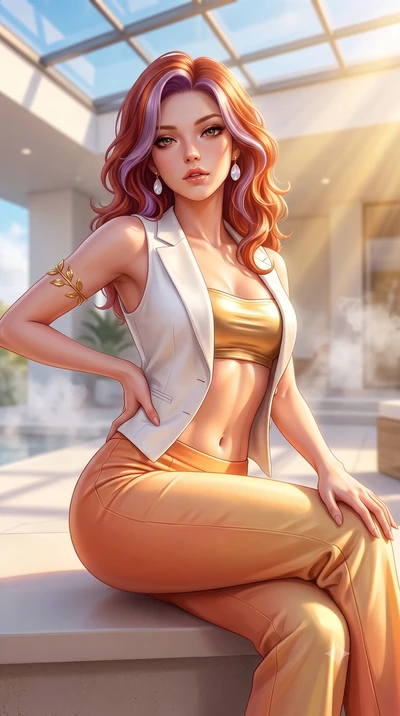 score_9, masterpiece, best quality, ultra-detailed, high-budget anime keyframe, semi-realistic 3D game render, editorial fashion photography, tasteful artistic composition, Caucasian woman. close-up cowboy shot from the waist and thighs up, the chara
