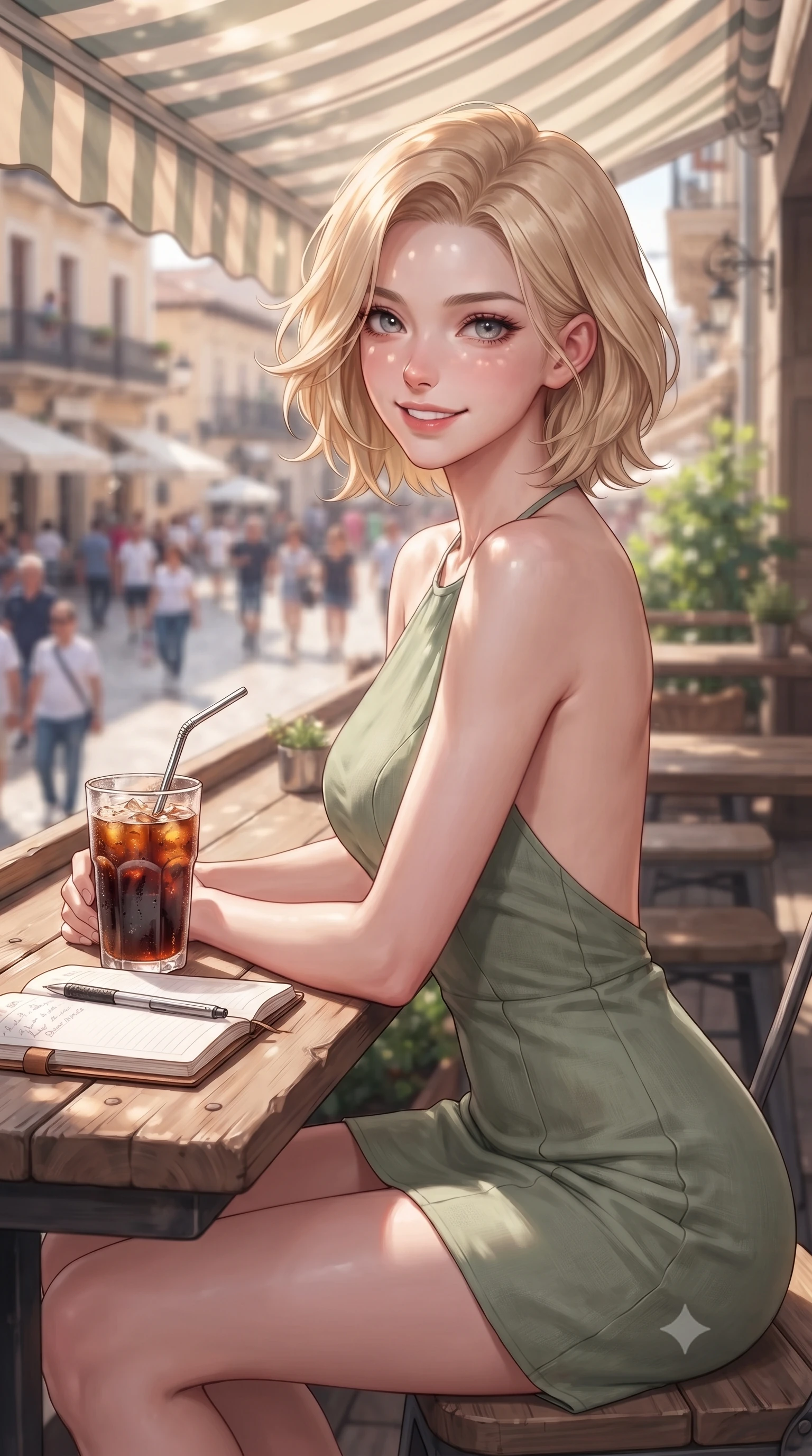 score_9, masterpiece, best quality, ultra-detailed, high-budget anime keyframe, editorial fashion photography, tasteful artistic composition, Caucasian woman. close-up cowboy shot from the waist and thighs up, the character dominates the composition, filling the frame with her large presence, background elements kept in soft focus. smiling with cute and bright self-assurance, looking directly at the viewer set against a soft-focus background of on a rooftop cafe terrace overlooking a busy pedestrian street below with a glass of cold brew coffee and an open planner on the wooden table. She has an exceptionally elegant, slender, and willowy female figure with an ultra-slim waist, a gracefully sculpted slender torso, and a refined silhouette. sharp v-shaped jawline, high-bridge nose, intricate jewel-like eyes with depth, thick eyelashes, glossy lips with a natural sheen. wearing tailored backless linen halter dress in sage green, showing her elegant shoulder lines. dappled sunlight filtering through the outdoor awning onto her face. highly saturated vibrant anime colors, detailed shading with soft gradients, rich glossy textures, high-contrast stereoscopic depth, volumetric dynamic lighting, master piece, 9:16 ratio