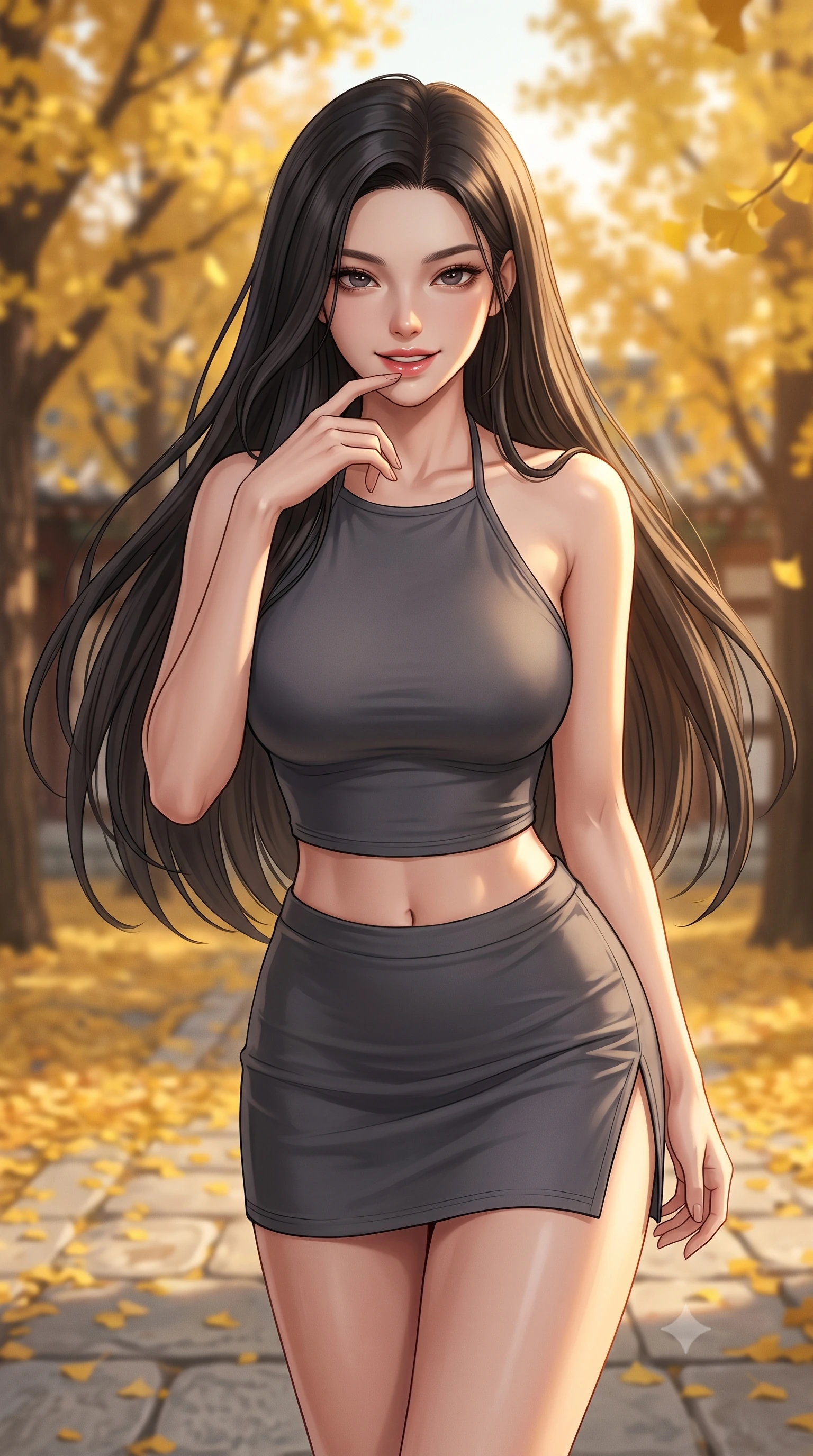 score_9, masterpiece, best quality, ultra-detailed, high-budget anime keyframe, editorial fashion photography, tasteful artistic composition, Korean woman woman. close-up cowboy shot from the waist and thighs up, the character dominates the composition, filling the frame with her large presence, background elements kept in soft focus. leaning slightly forward with a playful, teasing smile, her gaze locked onto the viewer the background shows a soft-focus a stone courtyard of an old temple filled with golden ginkgo trees and fallen leaves. She has an exceptionally elegant, slender, and willowy female figure with an ultra-slim waist, a gracefully sculpted slender torso, and a refined silhouette. sharp v-shaped jawline, high-bridge nose, intricate jewel-like eyes with depth, thick eyelashes, glossy lips with a natural sheen. wearing a body-hugging halter crop top in charcoal gray, paired with a matching side-slit mini skirt. warm golden hour afternoon light bathing the courtyard in warmth. 2k, ultra detail, master piece, 9:16 ratio