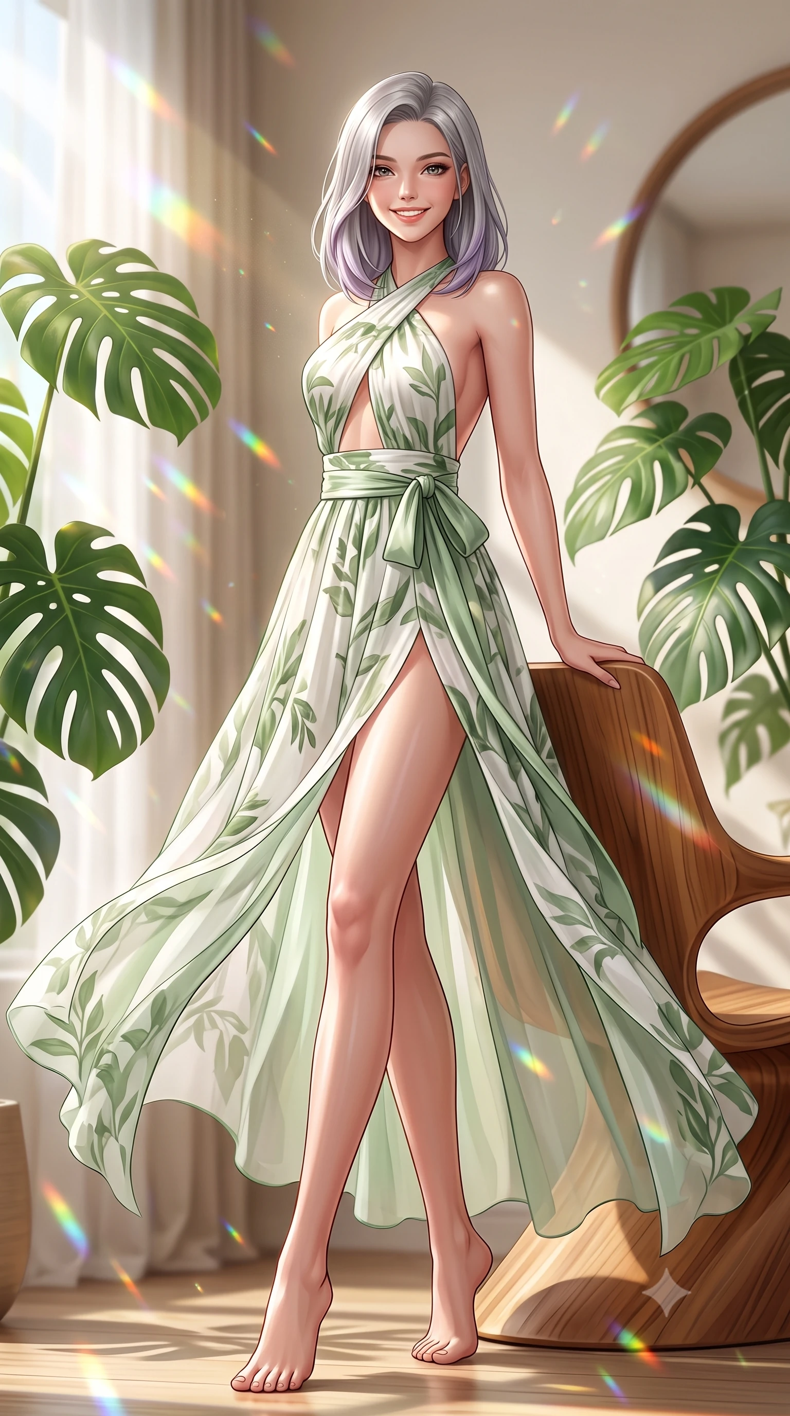 score_9, masterpiece, best quality, ultra-detailed, high-budget anime keyframe, semi-realistic 3D game render, editorial fashion photography, tasteful artistic composition, Caucasian woman. low angle full-body shot from head to toe showing her feet, filling the entire 9:16 vertical frame with her statuesque presence, stretching her vertical silhouette. pivoting dynamically with supreme athletic balance, her impossibly long slender legs and ultra-slim waist creating a mesmerizing vertical line while leaning back against sculpted ergonomic teak furniture surrounded by giant monstera leaves, smiling with radiant warmth. The composition keeps background elements in soft focus with creamy bokeh. sunlight prism refractions through solar glass scattering dancing rainbow light motes across the room. She has an absolutely perfect, statuesque 8.5-heads proportion, an exceptionally tall and slender model-like female figure with impossibly long slender legs, a toned flat midriff, and an ultra-slim waist. sharp v-shaped jawline, high-bridge nose, intricate jewel-like eyes with depth, thick eyelashes, glossy parted lips with a natural sheen, intensely captivating and seductive expression, flawlessly proportioned anatomical accuracy, strict slender model proportions, natural body alignment, perfectly sculpted long slender limbs, ultra-slim waistline, clean dynamic posture without body distortion. wearing an open-waist botanical print silk maxi gown with crossed halter straps and bare back in pure alabaster white and fresh sage green, woven from sheer cascading chiffon that flutters with every step, accented with a wide sash belt cinching her impossibly narrow waist, the form-contouring material adhering flawlessly to her sculpted flat midriff and slender torso, emphasizing her long leg lines and perfectly proportioned willowy build. surrounded by an optimistic, radiant, and breathlessly beautiful eco-utopian goddess aura. highly saturated vibrant anime colors, detailed shading with soft gradients, rich glossy textures, high-contrast stereoscopic depth, volumetric dynamic lighting, master piece, 9:16 ratio