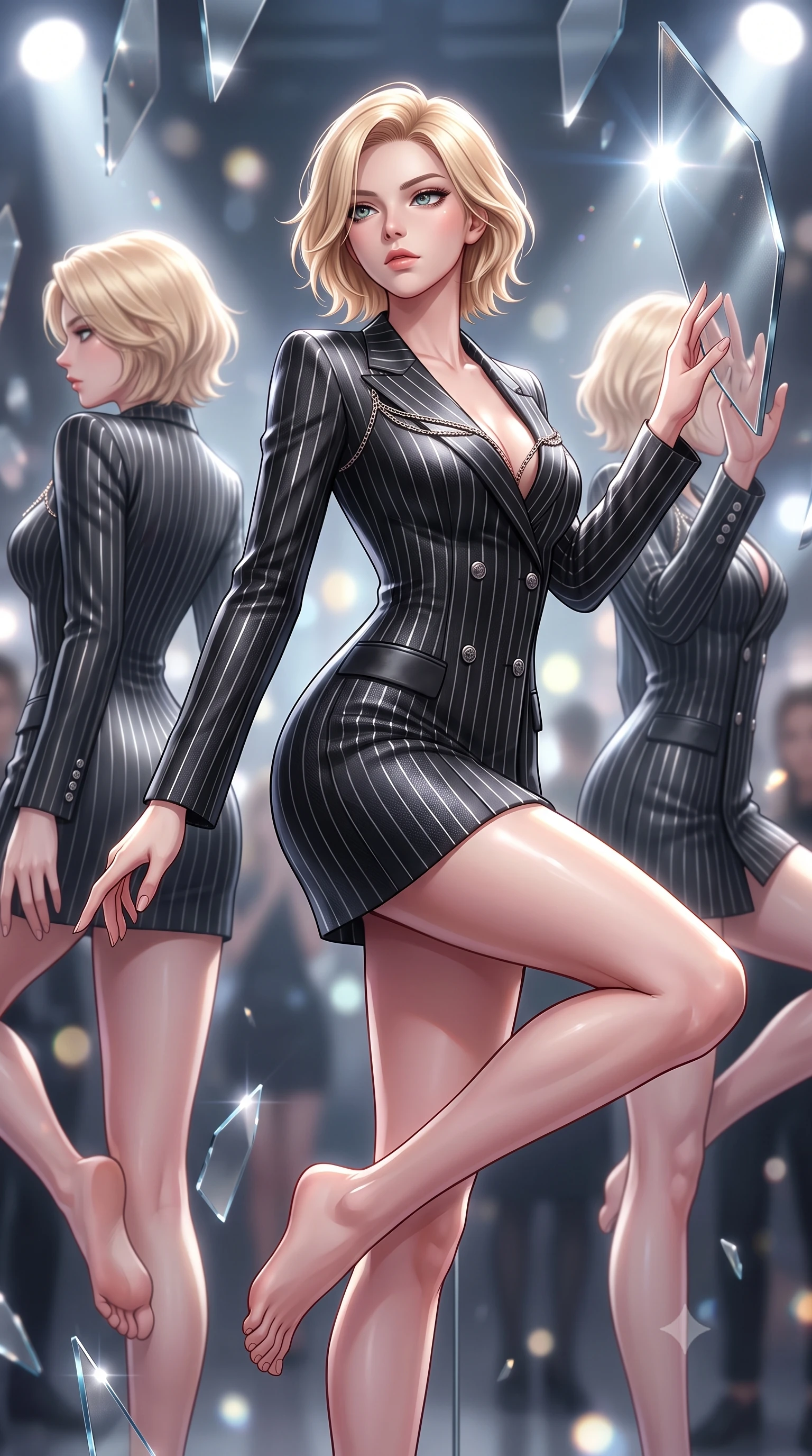 score_9, masterpiece, best quality, ultra-detailed, high-budget anime keyframe, editorial fashion photography, tasteful artistic composition, Caucasian woman. close-up cowboy shot from the waist and thighs up, the character dominates the composition, filling the frame with her large presence, background elements kept in soft focus. Gazing past the lens with composed intensity as her torso curves dynamically in mid-motion while reaching out to touch a hovering mirror petal catching bright studio spotlights, multiple mirror reflections capturing her statuesque form from dramatic angles. She has an exceptionally elegant, slender, and willowy female figure with an ultra-slim waist, a gracefully sculpted slender torso, and a refined silhouette. sharp v-shaped jawline, high-bridge nose, intricate jewel-like eyes with depth, thick eyelashes, glossy lips with a natural sheen, flawlessly proportioned anatomical accuracy, natural body alignment, perfectly sculpted elegant limbs, clean dynamic posture without body distortion. wearing a double-breasted blazer dress with subtle metallic pin-stripes in matte black and polished silver, made of fine carbon-fiber weave and soft matte leather, adorned with delicate metallic chain straps along the neckline, the tailored fabric tightly following every curve of her athletic build. illuminated by high-contrast studio spotlights with sharp specular highlights. highly saturated vibrant anime colors, detailed shading with soft gradients, rich glossy textures, high-contrast stereoscopic depth, volumetric dynamic lighting, master piece, 9:16 ratio