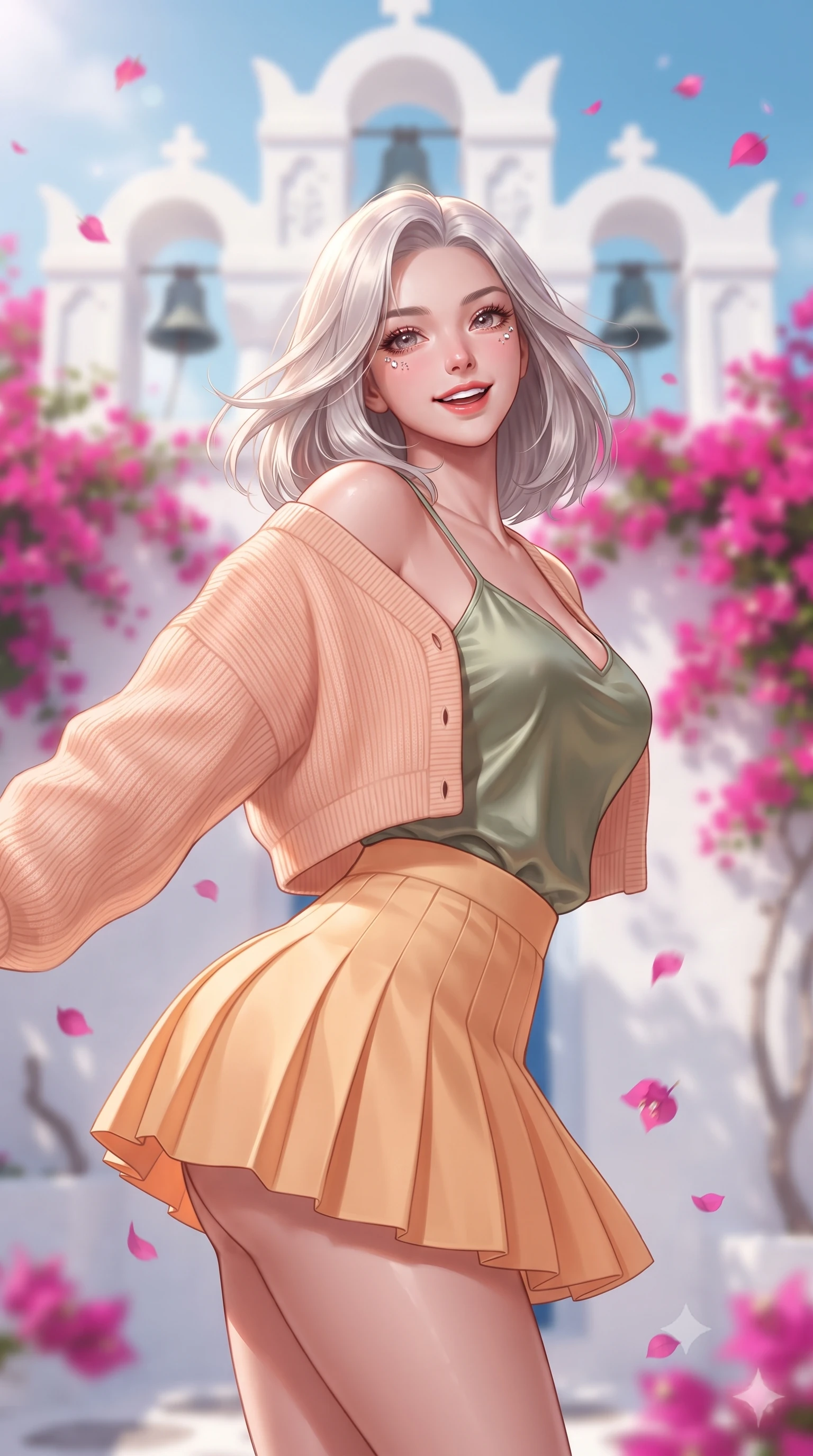 score_9, masterpiece, best quality, ultra-detailed, high-budget anime keyframe, editorial fashion photography, tasteful artistic composition, Korean woman. close-up cowboy shot from the waist and thighs up, the character dominates the composition, filling the frame with her large presence. turning playfully with a bright confident smile, her glossy hair tossing in the breeze as her hips angle gracefully in a captivating contrapposto while standing beneath the ornate whitewashed triple bell tower arch, arching her back with a radiant, joyful smile as bougainvillea petals drift down. The composition keeps background elements in soft focus with dreamy creamy bokeh. whitewashed triple bell tower arches and cascading vibrant fuchsia bougainvillea blurred into hot pink, pure white, and sky-blue bokeh. She has an exceptionally elegant, slender, and willowy female figure with an ultra-slim waist, flat toned midriff, narrow ribcage, and sculpted feminine hips creating an alluring, slim hourglass silhouette without bulk. sharp v-shaped jawline, high-bridge nose, intricate jewel-like sparkling eyes with depth, thick eyelashes, glossy parted lips with a natural peach sheen, bright cheerful beaming smile with an enchanting and coquettish sensual glint, exuding both youthful cute charm and seductive allure, flawlessly proportioned anatomical accuracy, strict slender model proportions, natural body alignment, perfectly sculpted long slender limbs, ultra-slim waistline, clean dynamic posture without body distortion. wearing a cropped pastel ribbed knit cardigan paired with an ultra-short high-waisted pleated tennis skirt clinging tightly to her curvy hips in soft apricot and sage green, made of smooth fluid silk satin with a delicate pearlescent sheen, complemented by an oversized soft knit cardigan slipping off one bare shoulder, the glove-like silhouette tightly following the natural contour of her hips and long slender legs with youthful 8.5-heads elegance. illuminated by crisp directional highlights sharply defining her sculpted collarbones, ultra-slim waist, and curvy hips. ultra-reflective glossy finish, specular highlights, rich textural contrasts, high-contrast stereoscopic depth, volumetric dynamic lighting, 2k, ultra detail, master piece, 9:16 ratio