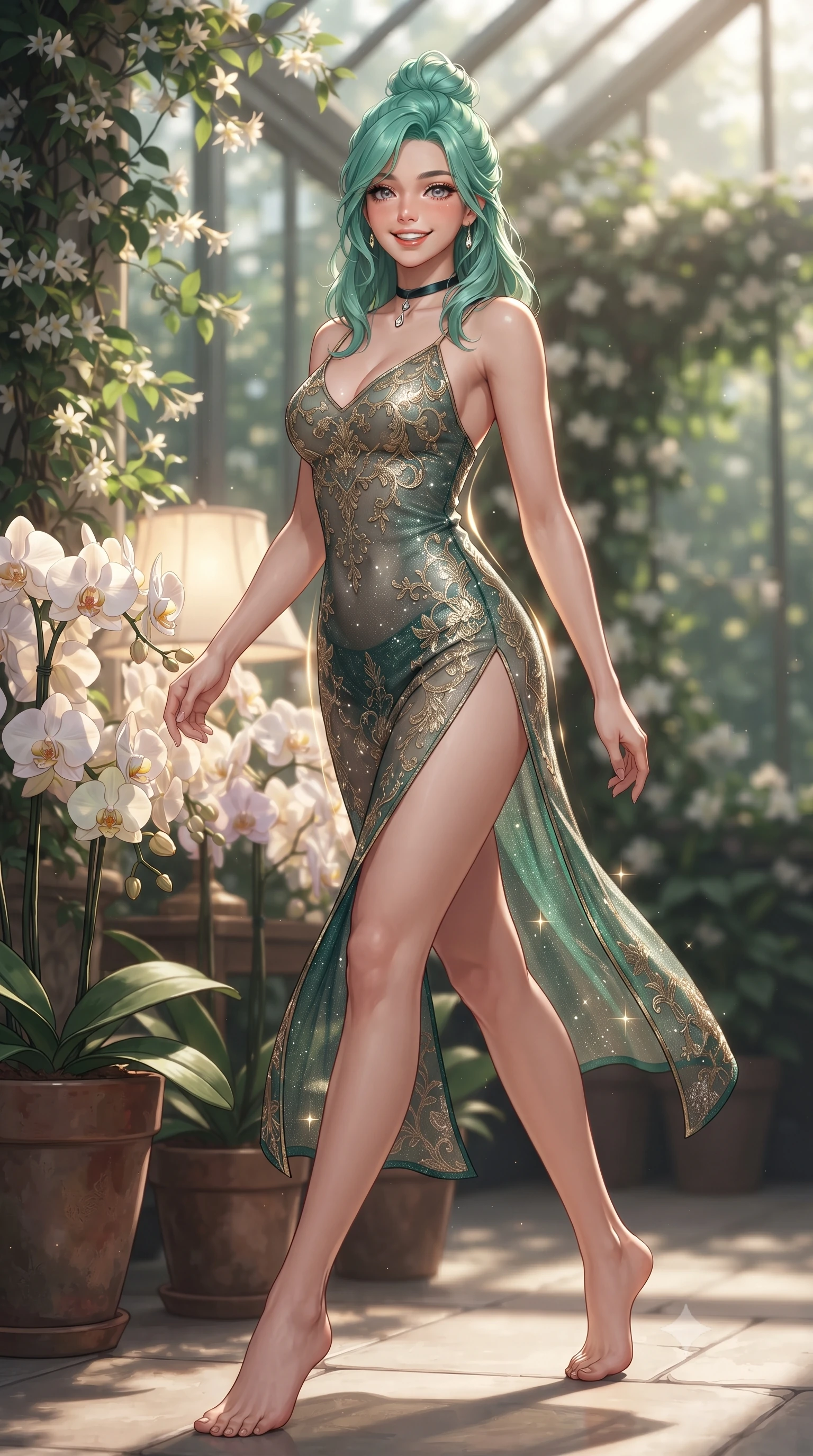 score_9, masterpiece, best quality, ultra-detailed, high-budget anime keyframe, editorial fashion photography, tasteful artistic composition, Japanese woman. low angle full-body shot from head to toe showing her feet, filling the entire 9:16 vertical frame with her statuesque presence, stretching her vertical silhouette. stepping forward in a confident stride, her long slender legs and curvaceous hips creating a dynamic, sweeping vertical line while twisting her slender torso in an alluring S-curve beside the lush potted orchids, soft floor lamp glows tracing her narrow waist and hips. The background shows a soft-focus climbing night-blooming jasmine vines softened in secluded heritage conservatory shallow focus. She has an exceptionally tall and slender model-like 8.5-heads proportion, an ultra-slim waist, a flat toned midriff, narrow delicate ribcage, and beautifully sculpted feminine hips creating a graceful, slim hourglass silhouette without any bulky heaviness, with impossibly long slender legs. sharp v-shaped jawline, high-bridge nose, intricate jewel-like sparkling eyes with depth, thick eyelashes, glossy parted lips with a natural peach sheen, bright cheerful beaming smile with an enchanting and coquettish sensual glint, exuding both youthful cute charm and seductive allure, flawlessly proportioned anatomical accuracy, strict slender model proportions, natural body alignment, perfectly sculpted long slender limbs, ultra-slim waistline, clean dynamic posture without body distortion. wearing a gossamer sheer mesh slip dress with delicate gold embroidery and hip-high double side slits in Nordic aurora emerald green and starlight silver, woven from stretch metallic lurex jersey casting radiant starlight glints across her curves, finished with a thin velvet ribbon choker and a single teardrop diamond pendant, the precision-cut side openings and low-back scoop framing her graceful spine and the sensual sweep of her slim, toned hips. illuminated by conservatory glass bounce and sharp champagne-gold rim lights sculpting her features, flat midriff, and slender waist. ultra-reflective glossy finish, specular highlights, rich textural contrasts, high-contrast stereoscopic depth, volumetric dynamic lighting, 2k, ultra detail, master piece, 9:16 ratio
