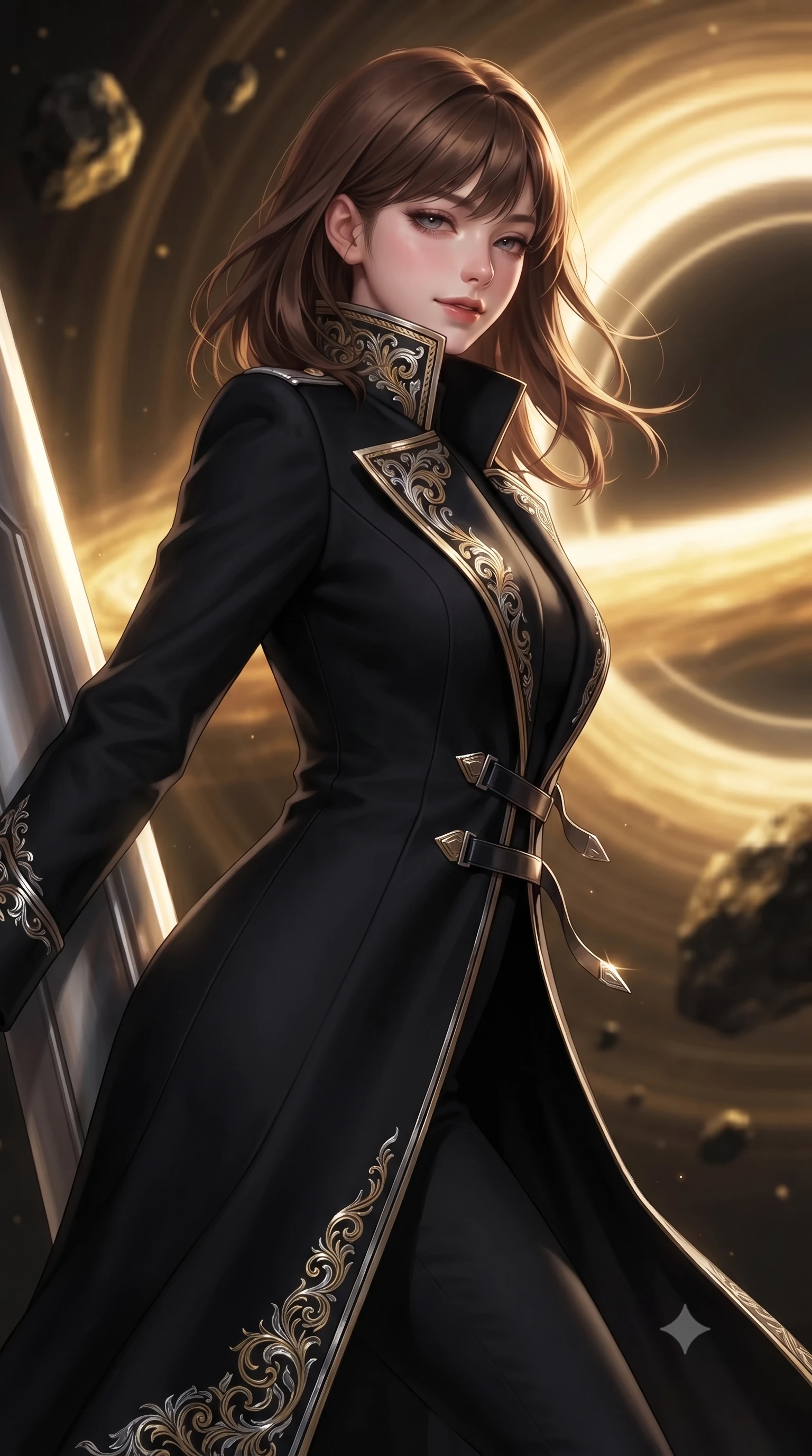 score_9, masterpiece, best quality, ultra-detailed, high-budget anime keyframe, editorial fashion photography, tasteful artistic composition, Korean woman. close-up cowboy shot from the waist and thighs up, the character dominates the composition, filling the frame with her large presence. turning slowly with an enchanting smoldering smile, her glossy hair tossing in the breeze as her hips angle gracefully in a captivating contrapposto while leaning against the superconducting stabilizer pylon with hips cocked back, watching relativistic gravitational lensing bend space and light with heavy-lidded bedroom-eyes. The background shows a soft-focus swirling golden accretion disk of micro-black hole, curving gravitational lensing photon rings, and dark asteroid rock blurred into gold, amber, and jet-black bokeh. She has an exceptionally elegant, slender, and willowy female figure with an ultra-slim waist, flat toned midriff, narrow ribcage, and sculpted feminine hips creating an alluring, slim hourglass silhouette without bulk. sharp v-shaped jawline, high-bridge nose, intricate jewel-like sparkling eyes with depth, thick eyelashes, glossy parted lips with a natural peach sheen, bright cheerful beaming smile with an enchanting and coquettish sensual glint, exuding both youthful cute charm and seductive allure, flawlessly proportioned anatomical accuracy, strict slender model proportions, natural body alignment, perfectly sculpted long slender limbs, ultra-slim waistline, clean dynamic posture without body distortion. wearing an aristocratic deep-space admiral longcoat with silver filigree embroidery along the hem and high structured collar in solar-wind gold and deep space void black, crafted from bespoke double-faced cashmere with an exceptionally soft tactile finish, finished with sleek magnetic buckle closures fluttering in the breeze, the impeccably tailored cut draping gracefully along her slender figure with aristocratic poise. bathed in the blinding golden synchrotron radiation of the singularity contrasted with deep obsidian shadow gradients. ultra-reflective glossy finish, specular highlights, rich textural contrasts, high-contrast stereoscopic depth, volumetric dynamic lighting, 2k, ultra detail, master piece, 9:16 ratio