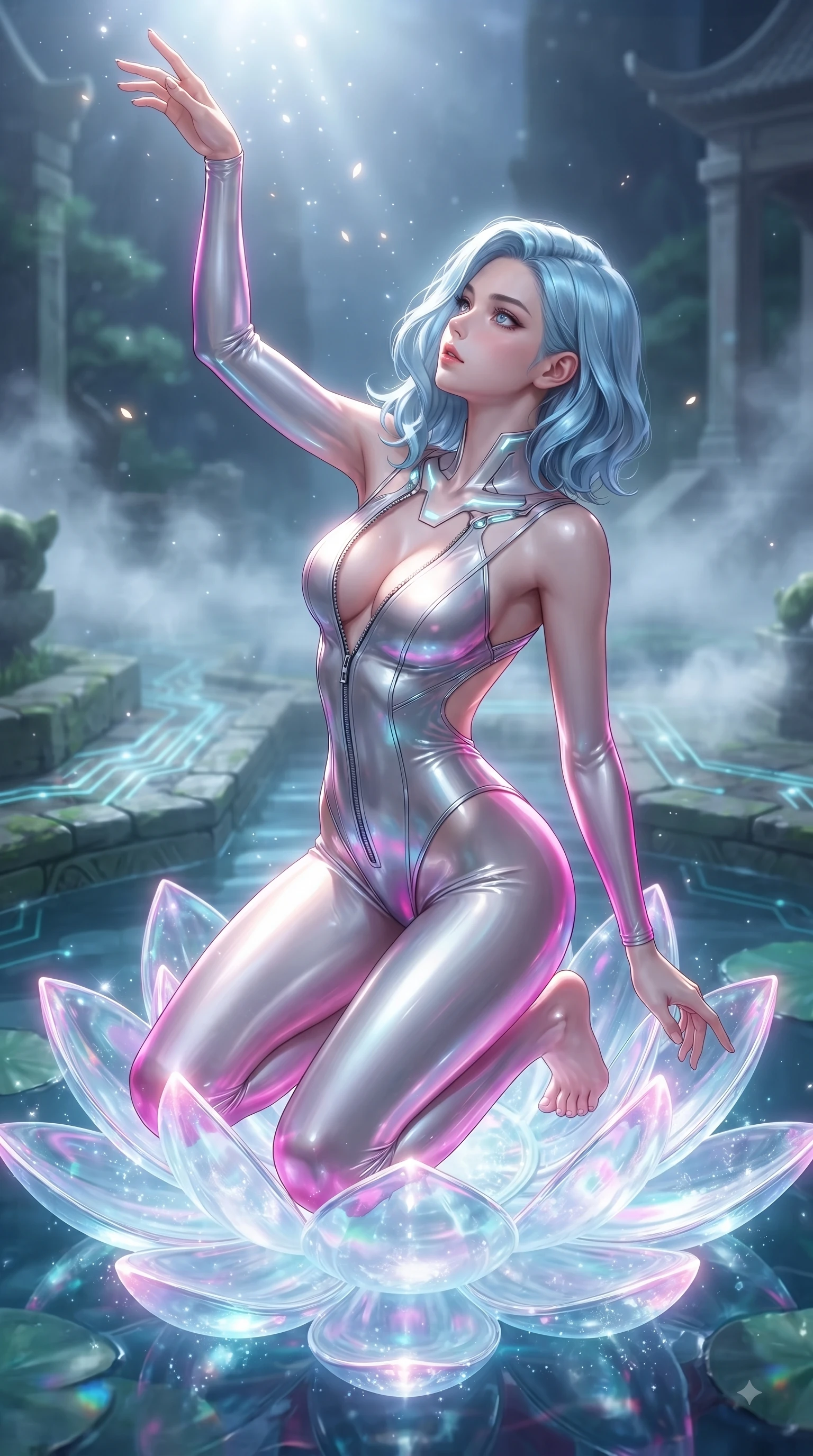 score_9, masterpiece, best quality, ultra-detailed, high-budget anime keyframe, editorial fashion photography, tasteful artistic composition, Korean woman. close-up cowboy shot from the waist and thighs up, the character dominates the composition, filling the frame with her large presence. extending one arm gracefully toward the light while her torso arches in a sleek, alluring curve with magnetic intensity while kneeling gracefully on a giant glowing glass lotus blossom floating in a tech-temple pond. The composition keeps background elements in soft focus with creamy bokeh. soft mist rising from the water surface scattering light into a gentle backdrop. She has an exceptionally elegant, slender, and willowy female figure with an ultra-slim waist, a gracefully sculpted slender torso, and a refined silhouette. sharp v-shaped jawline, high-bridge nose, intricate jewel-like eyes with depth, thick eyelashes, glossy lips with a natural sheen, flawlessly proportioned anatomical accuracy, natural body alignment, perfectly sculpted elegant limbs, clean dynamic posture without body distortion. wearing a liquid chrome micro-bodysuit sculpted tightly to her figure, featuring razor-thin metallic straps and an open back in chromatic platinum and blazing neon magenta, made of smooth iridescent silk chiffon that shifts colors with movement, featuring a dangerously unzipped neckline framed by glowing cybernetic accents, the glove-like fit tightly following every curve of her statuesque athletic build. bathed in pure crystal petal illumination and sparkling aquatic refractions. ultra-reflective glossy finish, specular highlights, metallic sheen, high-contrast stereoscopic depth, volumetric dynamic lighting, 2k, ultra detail, master piece, 9:16 ratio