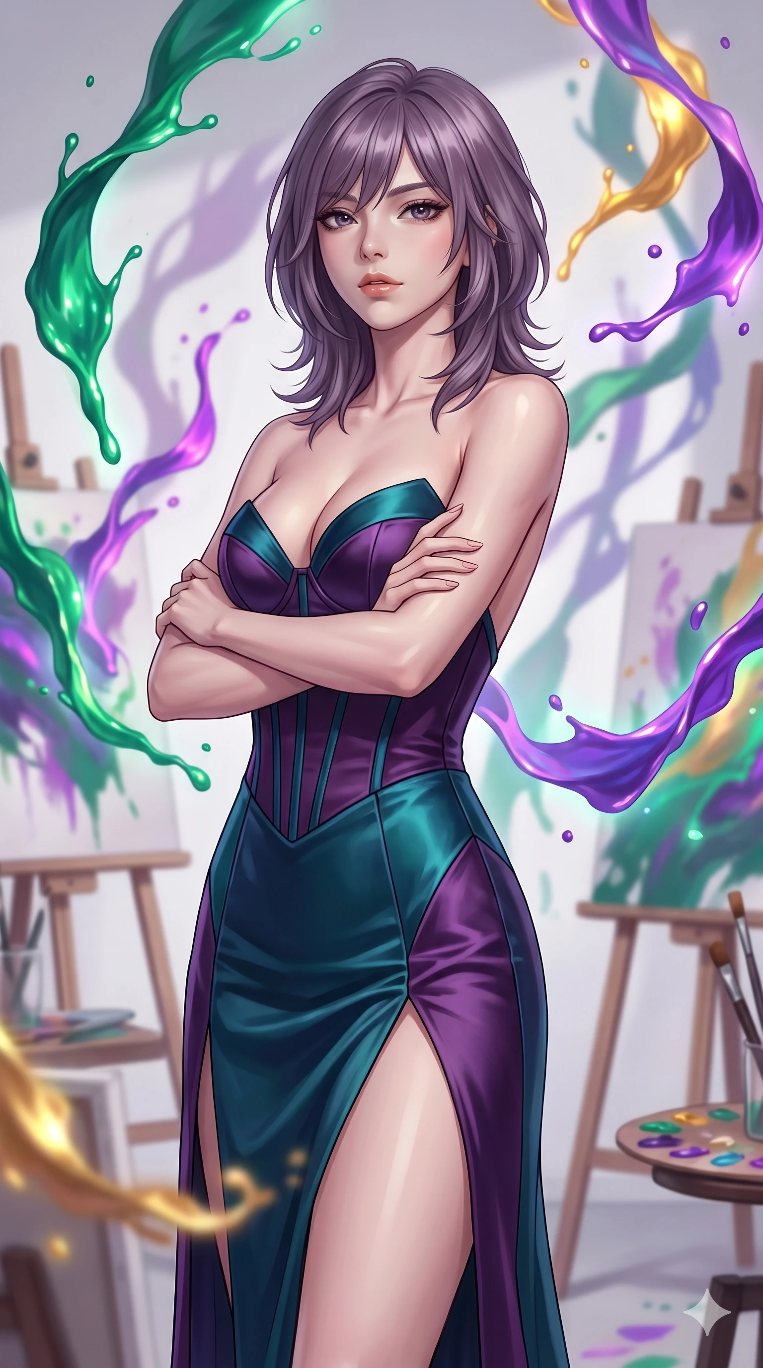 score_9, masterpiece, best quality, ultra-detailed, high-budget anime keyframe, editorial fashion photography, tasteful artistic composition, Japanese woman. close-up cowboy shot from the waist and thighs up, the character dominates the composition, filling the frame with her large presence, background elements kept in soft focus. Crossing her arms with serene confidence and chin slightly raised. set against a soft-focus background of an artist's studio where aurora-colored paint spontaneously erupts from canvases and floats in swirling ribbons through the air creating three-dimensional abstract paintings in space. She has an exceptionally elegant and slender, willowy female figure with an ultra-slim waist, a gracefully sculpted slender torso, and a refined slim physique. sharp v-shaped jawline, high-bridge nose, intricate jewel-like eyes with depth, thick eyelashes, glossy lips with a natural sheen. wearing a structured bustier gown in deep purple and teal satin, featuring a boned bodice, a daring high front slit, and a completely bare back. the floating paint itself glows with aurora colors of emerald green electric violet and solar gold casting shifting colored shadows across the white studio walls. 2k, ultra detail, master piece, 9:16 ratio