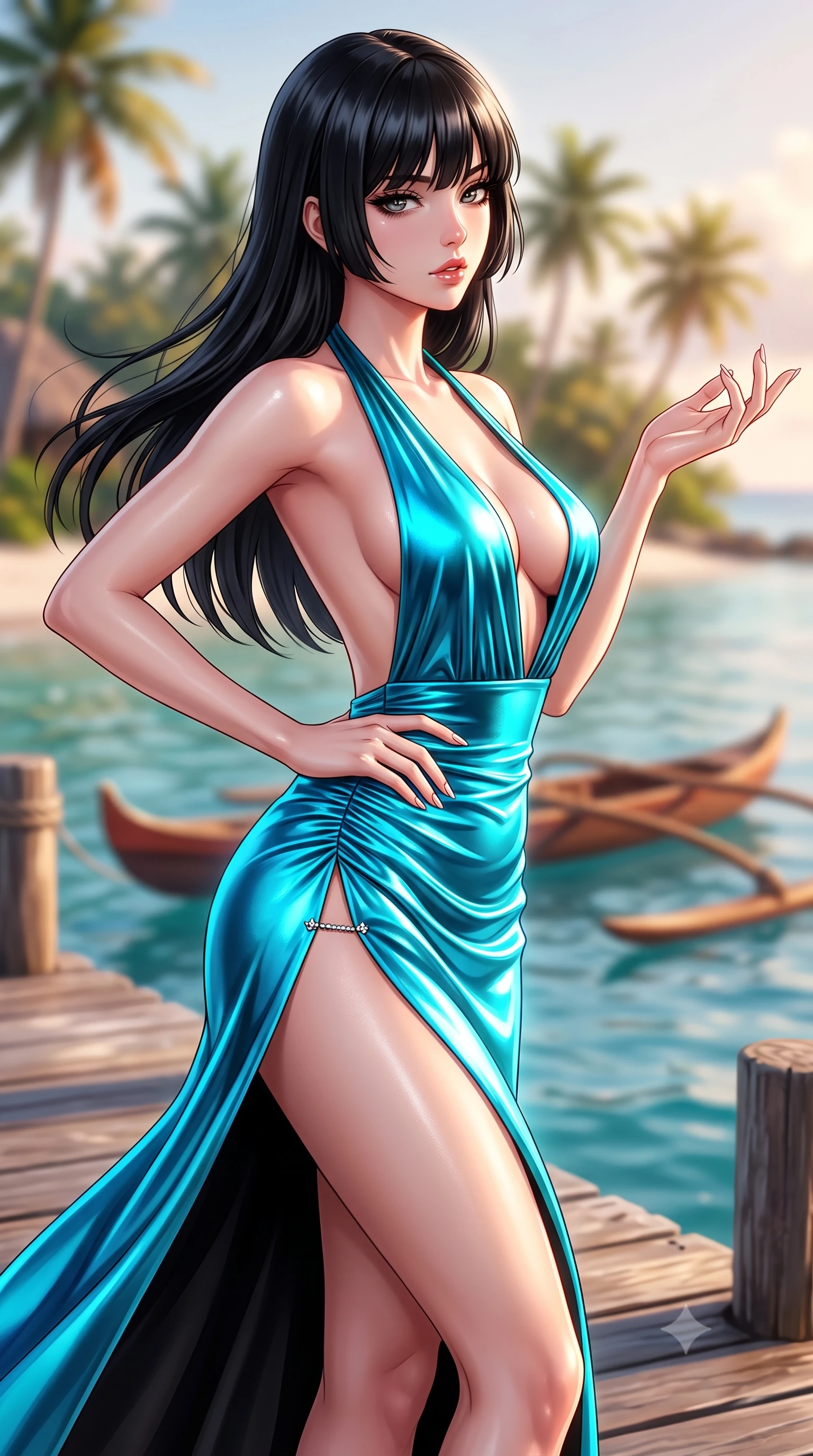score_9, masterpiece, best quality, ultra-detailed, high-budget anime keyframe, semi-realistic 3D game render, editorial fashion photography, tasteful artistic composition, Caucasian woman. close-up cowboy shot from the waist and thighs up, the character dominates the composition, filling the frame with her large presence. resting one manicured hand delicately on her hip bone, her upper body turning in a fluid, seductive S-curve while parted lips glisten in the light while standing poised on the villa's private diving pier, turning in an alluring dancer S-curve as tropical trade winds flutter her garments. The composition keeps background elements in soft focus with creamy bokeh. distant palm-fringed motu islets and floating outrigger canoes softened in exotic Polynesian shallow focus. She has an exceptionally elegant, slender, and willowy female figure with an ultra-slim waist, flat toned midriff, narrow ribcage, and sculpted feminine hips creating an alluring, slim hourglass silhouette without bulk. sharp v-shaped jawline, high-bridge nose, intricate jewel-like eyes with depth, thick eyelashes, glossy parted lips with a natural sheen, intensely captivating and seductive bedroom-eyes expression, flawlessly proportioned anatomical accuracy, strict slender model proportions, natural body alignment, perfectly sculpted long slender limbs, ultra-slim waistline, clean dynamic posture without body distortion. wearing a plunging halter-neck metallic lamé column dress with a dramatic bare spine and hip-defining ruching in neon electric cyan and lacquer black, tailored from ultra-smooth duchess satin with a pearlescent sheen, finished with an ultra-high side slit secured by miniature jeweled clasps, the precision-cut side openings and low-back scoop framing her graceful spine and the sensual sweep of her slim, toned hips. illuminated by intense specular sea reflections sharply carving her razor-sharp jawline, narrow waist, and curvy hips. highly saturated vibrant anime colors, detailed shading with soft gradients, rich glossy textures, high-contrast stereoscopic depth, volumetric dynamic lighting, master piece, 9:16 ratio