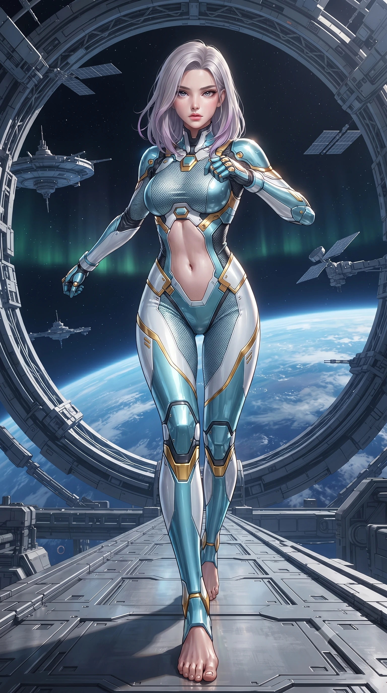 score_9, masterpiece, best quality, ultra-detailed, high-budget anime keyframe, editorial fashion photography, tasteful artistic composition, Caucasian woman. low angle full-body shot from head to toe showing her feet, filling the entire 9:16 vertical frame with her statuesque presence, stretching her vertical silhouette. striding forward with sovereign warrior elegance in a low, predatory combat advance, hips swaying with fierce athletic poise from head to toe while executing a high-speed kinetic parry and pivot on the open-air gantry of a space elevator ring 100 kilometers above Earth. The surrounding environment is rendered in vivid detail and crisp panoramic clarity. detailed magnetic clamp joints, Earth's auroral glow, and satellite antenna arrays in high resolution. She has an absolutely perfect, statuesque 8.5-heads proportion, an exceptionally tall and slender model-like female figure with impossibly long slender legs, a toned flat midriff, and an ultra-slim waist. sharp v-shaped jawline, high-bridge nose, intricate jewel-like eyes with depth, thick eyelashes, glossy lips with a natural sheen, flawlessly proportioned anatomical accuracy, strict slender model proportions, natural body alignment, perfectly sculpted long slender limbs, ultra-slim waistline, clean dynamic posture without body distortion. wearing an ultra-sleek glacial-cyan and white carbon-mesh combat bodysuit with frost-resistant kinetic shock-absorber plating in arctic white carbon composite with radiant solar gold plating, formed from high-gloss patent carbon-plating with specular chiaroscuro reflections, reinforced by a sleek titanium kinetic harness and glowing micro-energy straps, the precision-cut daring openings accentuating her delicate midriff, graceful bare collarbones, and ultra-slim feminine waistline. illuminated by crisp specular highlights tracing her sculpted collarbones, waistline, and long slender legs. ultra-reflective glossy finish, specular highlights, dark metallic sheen, high-contrast stereoscopic depth, volumetric dynamic lighting, 2k, ultra detail, master piece, 9:16 ratio