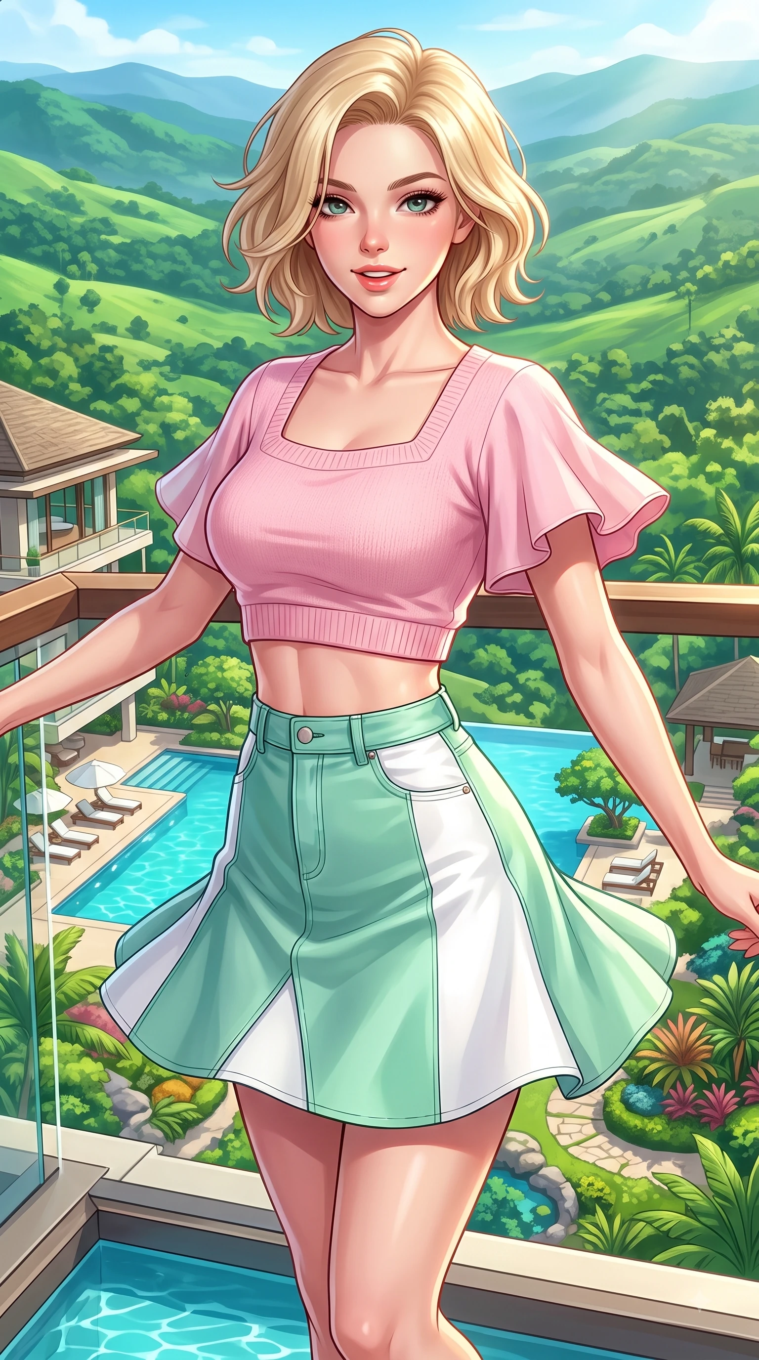 score_9, masterpiece, best quality, ultra-detailed, high-budget anime keyframe, editorial fashion photography, tasteful artistic composition, Caucasian woman. close-up cowboy shot from the waist and thighs up, the character dominates the composition, filling the frame with her large presence. Playful cute expression with a warm smile and parted lips, looking right into the camera with vibrant energy while pivoting dynamically on an open-air resort terrace with a breathtaking view of lush green hills. The surrounding environment is rendered in vivid detail and crisp panoramic clarity. luxury resort architecture, shimmering turquoise pools, and tropical garden landscapes in deep focus. She has an exceptionally elegant, slender, and willowy female figure with an ultra-slim waist, a gracefully sculpted slender torso, and a refined silhouette. sharp v-shaped jawline, high-bridge nose, intricate jewel-like eyes with depth, thick eyelashes, glossy lips with a natural sheen, flawlessly proportioned anatomical accuracy, natural body alignment, perfectly sculpted elegant limbs, clean dynamic posture without body distortion. wearing a sweet baby-pink cropped knit sweater with a high-waisted denim A-line skirt in refreshing mint green and crisp white, crafted from smooth fluid silk satin, featuring elegant flutter sleeves and a graceful square neckline, the chic real-way fashion cut emphasizing her effortless charm. surrounded by an exclusive, sun-drenched, and relaxing resort atmosphere. highly saturated vibrant anime colors, detailed shading with soft gradients, rich glossy textures, high-contrast stereoscopic depth, volumetric dynamic lighting, master piece, 9:16 ratio