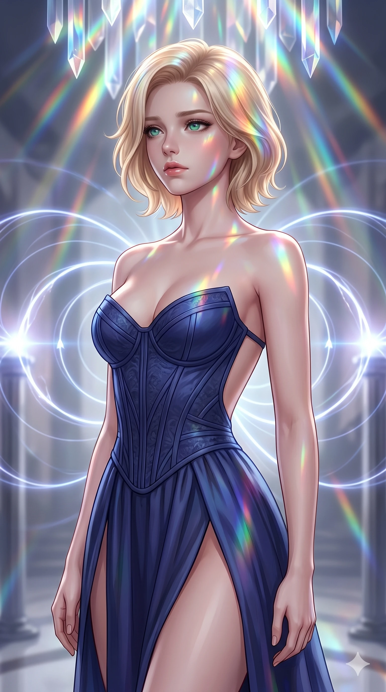score_9, masterpiece, best quality, ultra-detailed, high-budget anime keyframe, editorial fashion photography, tasteful artistic composition, Caucasian woman, strictly human ears. close-up cowboy shot from the waist and thighs up, the character dominates the composition, filling the frame with her large presence, background elements kept in soft focus. Gazing into the distance with a wistful melancholic expression and softly glowing eyes. set against a soft-focus background of a sanctum powered by a magnetar's electromagnetic pulses where controlled energy arcs in beautiful geometric patterns between conductor pillars and magnetic field lines glow visibly in the charged atmosphere. She has an exceptionally elegant and slender, willowy female figure with an ultra-slim waist, a gracefully sculpted slender torso, and a refined slim physique. sharp v-shaped jawline, high-bridge nose, intricate jewel-like eyes with depth, thick eyelashes, glossy lips with a natural sheen. wearing a structured bustier gown in deep indigo blue, featuring a boned bodice, a daring high front slit, and an open back. cascading rainbow prismatic light refracting through crystal formations overhead. 2k, ultra detail, master piece, 9:16 ratio