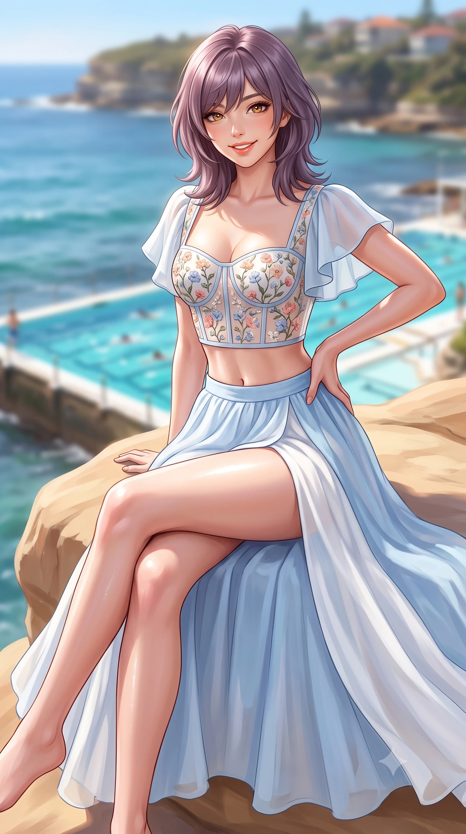 score_9, masterpiece, best quality, ultra-detailed, high-budget anime keyframe, semi-realistic 3D game render, editorial fashion photography, tasteful artistic composition, Japanese woman. close-up cowboy shot from the waist and thighs up, the character dominates the composition, filling the frame with her large presence. tilting her head with a cute beaming smile while arching her spine with effortless dancer poise, one hand sliding along her hip line in a flirtatious S-curve while sitting perched on the smooth sandstone cliff ledge with legs crossed, her toned flat midriff and curvy hips glowing in the radiant coastal sun. The composition keeps background elements in soft focus with dreamy creamy bokeh. iconic iceberg pool swimmers and coastal headlands softened in vibrant Australian shallow focus. She has an exceptionally elegant, slender, and willowy female figure with an ultra-slim waist, flat toned midriff, narrow ribcage, and sculpted feminine hips creating an alluring, slim hourglass silhouette without bulk. sharp v-shaped jawline, high-bridge nose, intricate jewel-like sparkling eyes with depth, thick eyelashes, glossy parted lips with a natural peach sheen, bright cheerful beaming smile with an enchanting and coquettish sensual glint, exuding both youthful cute charm and seductive allure, flawlessly proportioned anatomical accuracy, strict slender model proportions, natural body alignment, perfectly sculpted long slender limbs, ultra-slim waistline, clean dynamic posture without body distortion. wearing a delicate floral embroidery bustier top paired with a flowy high-slit chiffon maxi skirt with a side hip opening in soft baby blue and crisp cloud white, tailored from fine lightweight chiffon that flutters gently in the breeze, featuring elegant flutter sleeves and a graceful square neckline, the high-waisted tailoring accentuating her ultra-slim waistline and the enchanting curve of her feminine hips with alluring charm. illuminated by intense specular sea reflections sharply carving her razor-sharp jawline, narrow waist, and curvy hips. highly saturated vibrant anime colors, detailed shading with soft gradients, rich glossy textures, high-contrast stereoscopic depth, volumetric dynamic lighting, master piece, 9:16 ratio