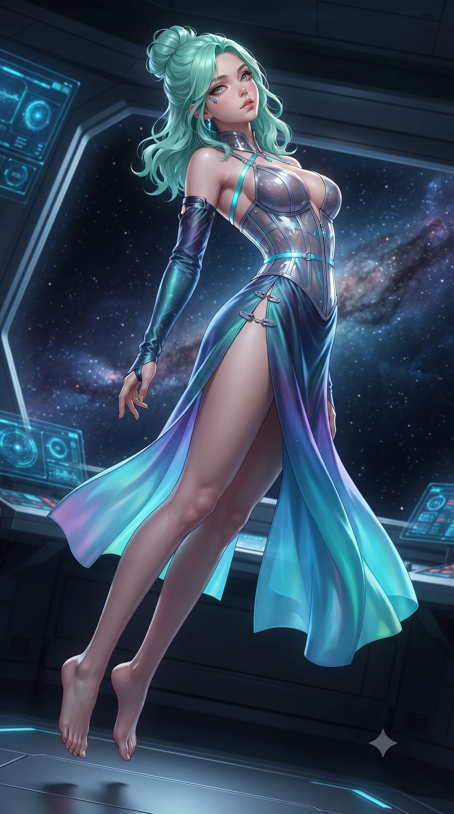 score_9, masterpiece, best quality, ultra-detailed, high-budget anime keyframe, editorial fashion photography, tasteful artistic composition, Japanese woman. low angle full-body shot from head to toe showing her feet, filling the entire 9:16 vertical frame with her statuesque presence, stretching her vertical silhouette. leaping through mid-air with an athletic yet alluring arch of her spine, her impossibly long slender legs stretched in flawless poise while drifting in zero-gravity near a giant panoramic bridge viewport with cosmic stardust swirling around her limbs. The composition keeps background elements in soft focus with creamy bokeh. glowing bridge console displays and cosmic dust filaments softened in smooth zero-gravity depth of field. She has an absolutely perfect, statuesque 8.5-heads proportion, an exceptionally tall and slender model-like female figure with impossibly long slender legs and an ultra-slim waist. sharp v-shaped jawline, high-bridge nose, intricate jewel-like eyes with depth, thick eyelashes, glossy lips with a natural sheen, flawlessly proportioned anatomical accuracy, natural body alignment, perfectly sculpted elegant limbs, clean dynamic posture without body distortion. wearing a translucent cybernetic corset in semi-opaque structured vinyl, combined with detached sleeves and a deep-plunging neckline secured by glowing micro-straps in liquid mercury silver and glowing electric cyan, made of smooth iridescent silk chiffon that shifts colors with movement, finished with an ultra-high side slit secured by miniature magnetic clasps, the glove-like fit tightly following every curve of her statuesque athletic build. illuminated by glowing holographic console uplights and sharp starlight rim highlights. ultra-reflective glossy finish, specular highlights, metallic sheen, high-contrast stereoscopic depth, volumetric dynamic lighting, 2k, ultra detail, master piece, 9:16 ratio