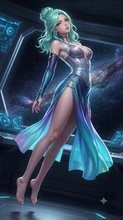 score_9, masterpiece, best quality, ultra-detailed, high-budget anime keyframe, editorial fashion photography, tasteful artistic composition, Japanese woman. low angle full-body shot from head to toe showing her feet, filling the entire 9:16 vertical