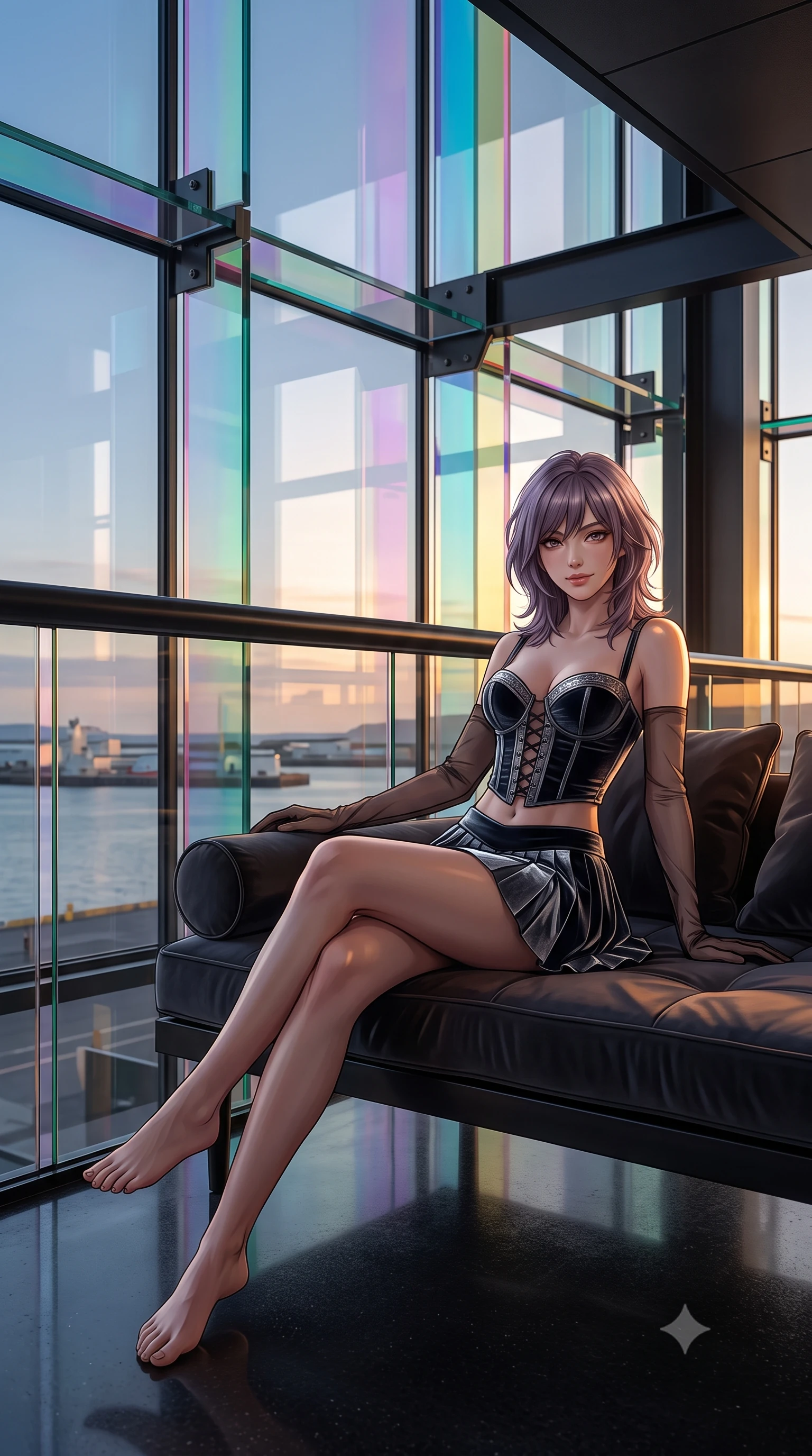 score_9, masterpiece, best quality, ultra-detailed, high-budget anime keyframe, editorial fashion photography, tasteful artistic composition, Japanese woman. low angle full-body shot from head to toe showing her feet, filling the entire 9:16 vertical frame with her statuesque presence, stretching her vertical silhouette. lounging on the lavish daybed with legs crossed and hips angled toward the camera, displaying her toned midriff and long slender limbs with effortless siren poise while leaning against the cantilevered black steel atrium balustrade with hips cocked back, looking out over Reykjavik harbor with smoldering bedroom-eyes. The surrounding environment is rendered in vivid detail and crisp panoramic clarity: sharp steel quasi-brick structural joints, dichroic glass edge bevels, and mirror-polished black concrete floor grain in deep focus. She has an exceptionally tall and slender model-like 8.5-heads proportion, an ultra-slim waist, a flat toned midriff, narrow delicate ribcage, and beautifully sculpted feminine hips creating a graceful, slim hourglass silhouette without any bulky heaviness, with impossibly long slender legs. sharp v-shaped jawline, high-bridge nose, intricate jewel-like sparkling eyes with depth, thick eyelashes, glossy parted lips with a natural peach sheen, bright cheerful beaming smile with an enchanting and coquettish sensual glint, exuding both youthful cute charm and seductive allure, flawlessly proportioned anatomical accuracy, strict slender model proportions, natural body alignment, perfectly sculpted long slender limbs, ultra-slim waistline, clean dynamic posture without body distortion. wearing a structured Seville boned lace-up bustier top paired with an ultra-short low-rise pleated micro mini skirt in Vik black sand obsidian and glacier crystal silver, tailored from ultra-plush silk velvet with rich tactile depth and deep shadow gradients, complemented by sheer opera-length evening gloves tracing her slender arms, the form-contouring silhouette accentuating her sculpted flat midriff, narrow delicate ribcage, and gracefully curvy hips with intoxicating allure. bathed in the low-angle golden 3000K midnight sun light filtering through prismatic colored glass panels. ultra-reflective glossy finish, specular highlights, rich textural contrasts, high-contrast stereoscopic depth, volumetric dynamic lighting, 2k, ultra detail, master piece, 9:16 ratio