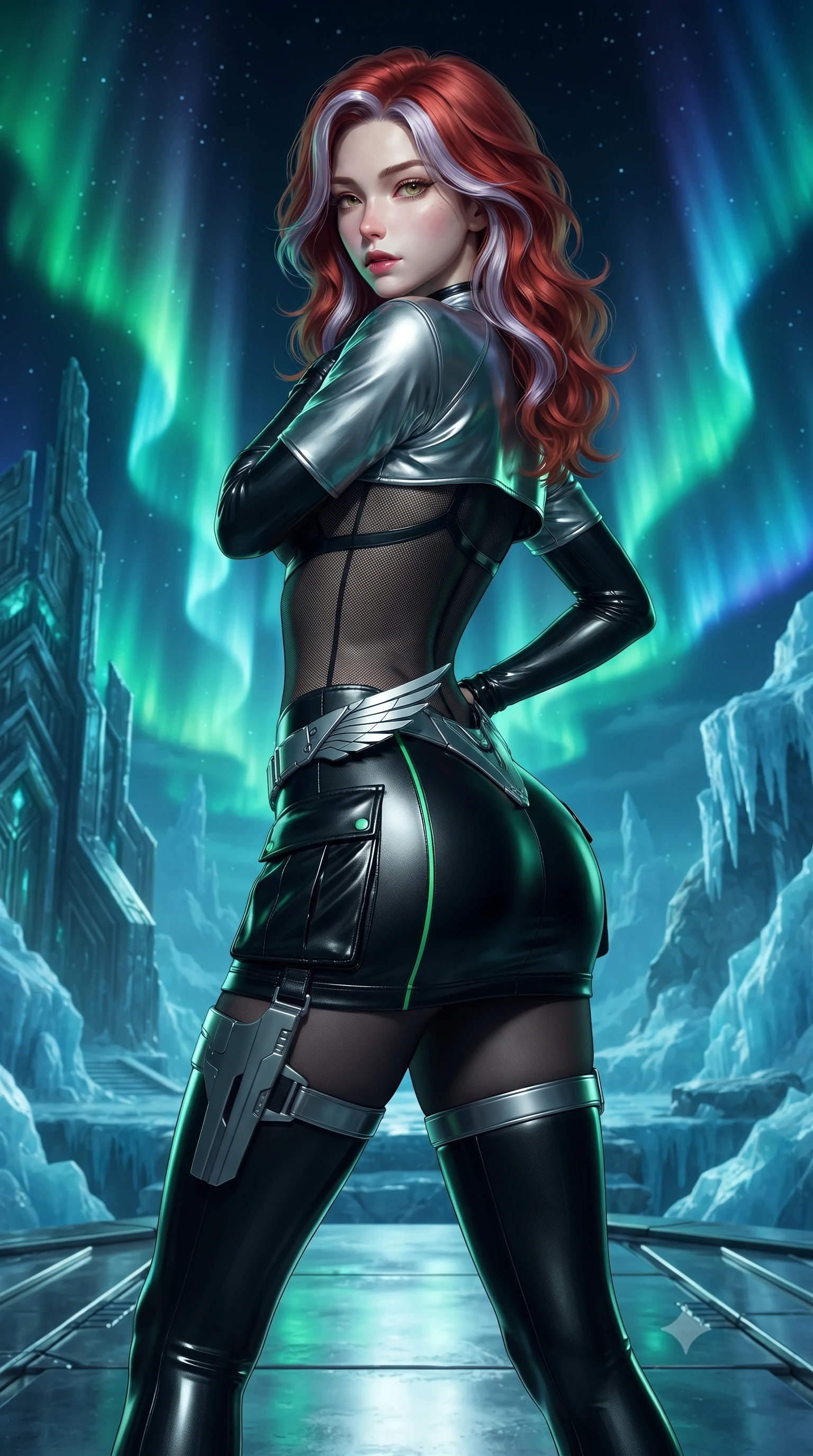 score_9, masterpiece, best quality, ultra-detailed, high-budget anime keyframe, editorial fashion photography, tasteful artistic composition, Caucasian woman. close-up cowboy shot from the waist and thighs up, the character dominates the composition, filling the frame with her large presence. twisting her slender torso in a deep contrapposto stance, hips dramatically shifted to accentuate her feminine curves while looking past her shoulder with smoldering bedroom-eyes while standing poised on a polished titanium altar overlooking midnight glaciers, twisting her torso to look back with fierce, intoxicating allure as auroras dance overhead. The surrounding environment is rendered in vivid detail and crisp panoramic clarity. monumental high-contrast Nordic sci-fi chiaroscuro and mythic glacial architecture in precision. She has an exceptionally elegant, slender, and willowy female figure with an ultra-slim waist, a gracefully sculpted slender torso, toned flat midriff, and rounded feminine hips creating an alluring hourglass silhouette. sharp v-shaped jawline, high-bridge nose, intricate jewel-like eyes with depth, thick eyelashes, glossy parted lips with a natural sheen, intensely captivating and seductive bedroom-eyes expression, flawlessly proportioned anatomical accuracy, strict slender model proportions, natural body alignment, perfectly sculpted long slender limbs, ultra-slim waistline, clean dynamic posture without body distortion. wearing a futuristic sheer mesh bodysuit layered under a metallic silver shrug bolero and micro cargo skirt in stealth obsidian black and electric aurora green, formed from ultra-sleek carbon-fiber reinforced composite with specular sheen, equipped with a sleek titanium wing-inspired hip harness and leg holster, the glove-like aerodynamic silhouette tightly following the natural contour of her hips and long slender legs with statuesque precision. illuminated by crisp metallic specular reflections sharply defining her sculpted waist, bare spine, and curvy hips. ultra-reflective glossy finish, specular highlights, rich textural contrasts, high-contrast stereoscopic depth, volumetric dynamic lighting, 2k, ultra detail, master piece, 9:16 ratio