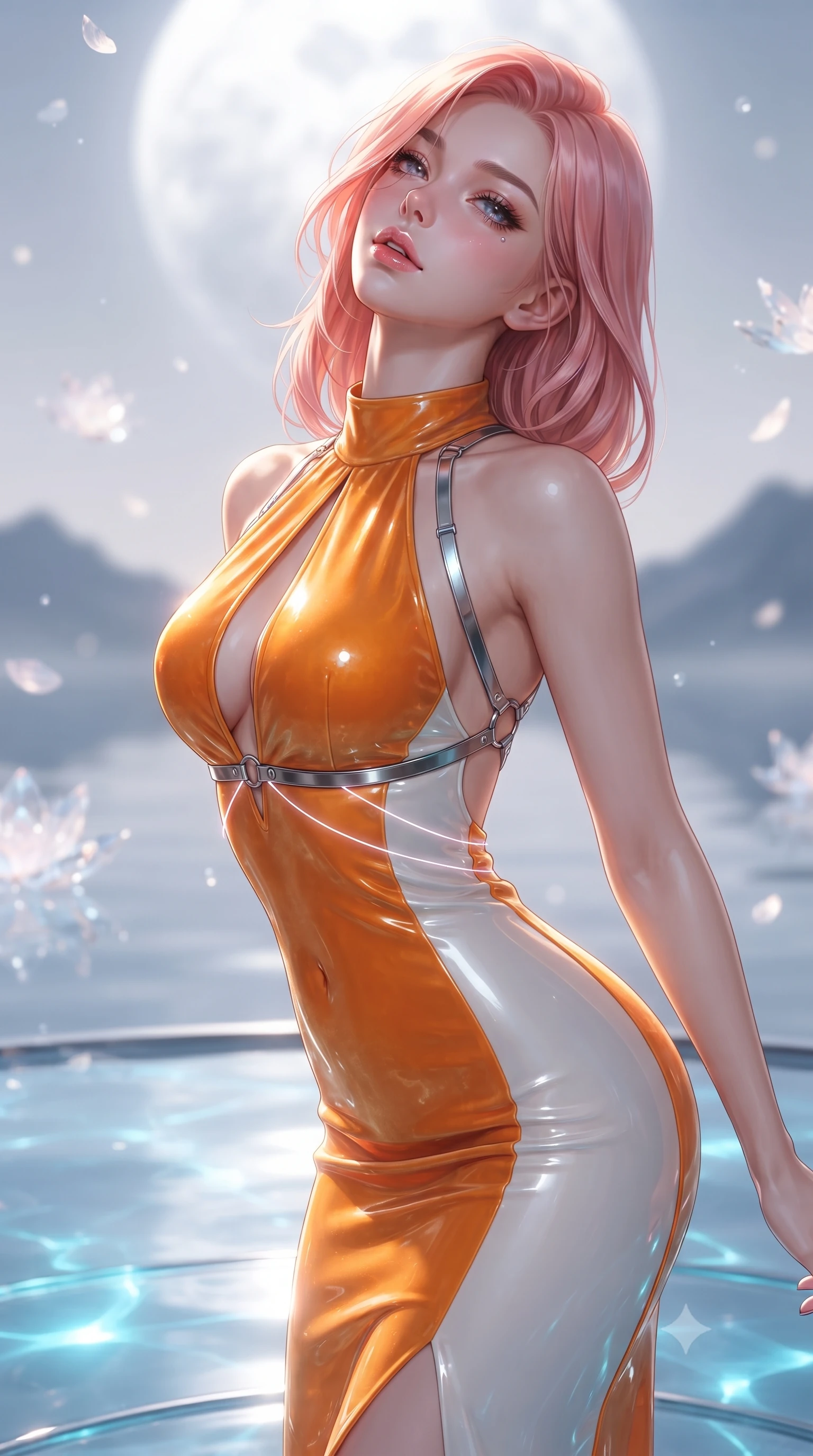 score_9, masterpiece, best quality, ultra-detailed, high-budget anime keyframe, editorial fashion photography, tasteful artistic composition, Japanese woman. close-up cowboy shot from the waist and thighs up, the character dominates the composition, filling the frame with her large presence. tilting her head back with a sensual alluring expression, exposing her throat and shoulders to the camera with heavy lashes and softly parted glossy lips while stretching forward with an alluring S-curve silhouette on a glass platform beneath a giant glowing moon. The composition keeps background elements in soft focus with creamy bokeh. floating crystal lotus petals and distant mountain silhouettes softened in smooth atmospheric depth. She has an exceptionally elegant, slender, and willowy female figure with an ultra-slim waist, a gracefully sculpted slender torso, toned flat midriff, and a refined slim silhouette. sharp v-shaped jawline, high-bridge nose, intricate jewel-like eyes with depth, thick eyelashes, glossy lips with a natural sheen, flawlessly proportioned anatomical accuracy, strict slender model proportions, natural body alignment, perfectly sculpted long slender limbs, ultra-slim waistline, clean dynamic posture without body distortion. wearing a velvet halter-neck midi dress fitting her statuesque contour flawlessly with a Tasteful chest slit and open spine in vivid sunset amber orange and cloud white, crafted from ultra-reflective second-skin latex with a high-gloss glass-like polish, reinforced by a sleek metallic chrome harness and delicate glowing micro-straps, the sleek second-skin cut tightly hugging her graceful clavicle, narrow waist, and feminine curves with athletic precision. bathed in brilliant silver moonlight backlighting and glowing cyan water refractions. ultra-reflective glossy finish, specular highlights, metallic sheen, high-contrast stereoscopic depth, volumetric dynamic lighting, 2k, ultra detail, master piece, 9:16 ratio