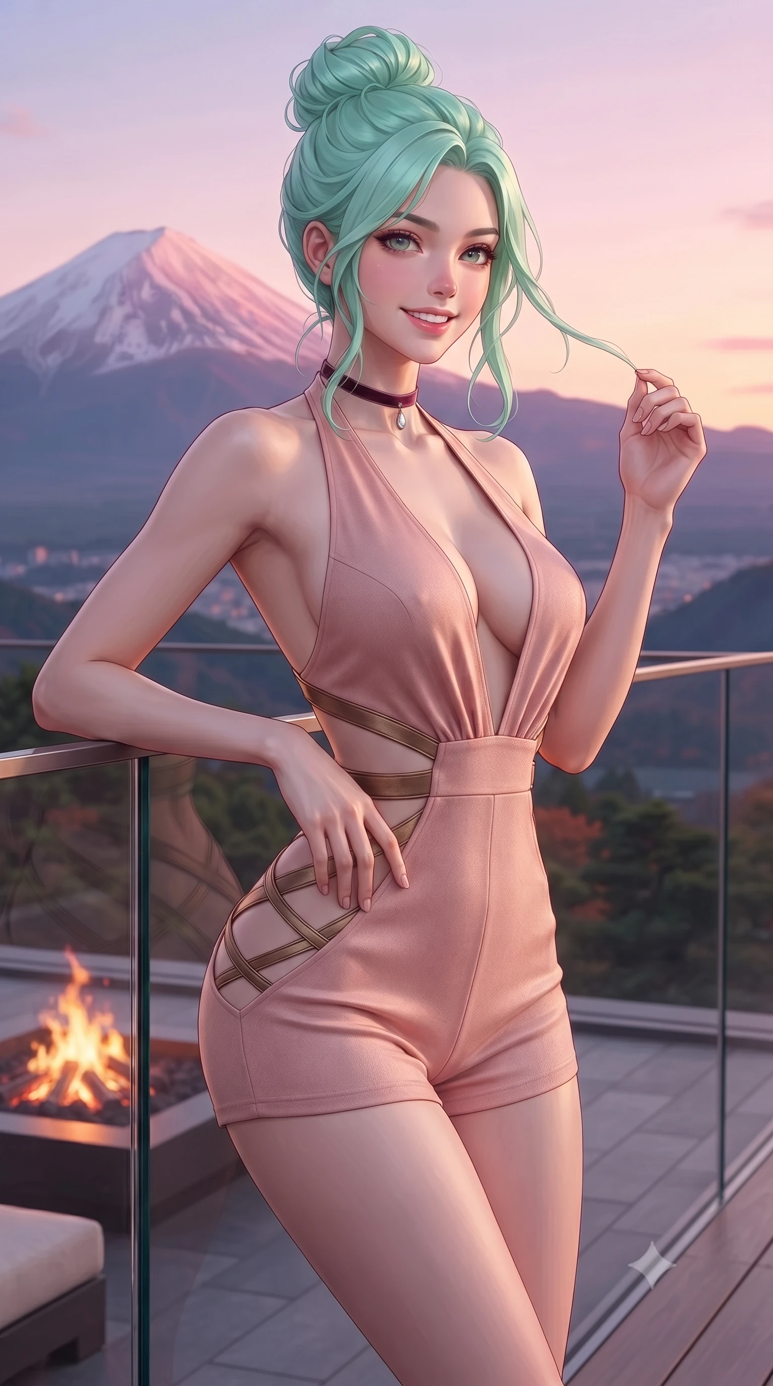 score_9, masterpiece, best quality, ultra-detailed, high-budget anime keyframe, editorial fashion photography, tasteful artistic composition, Japanese woman. close-up cowboy shot from the waist and thighs up, the character dominates the composition, filling the frame with her large presence. twisting her slender torso in an alluring contrapposto stance, one hand resting on her sculpted hip while her fingers toy with her hair with effortless poise while leaning against the frameless structural glass balustrade with hips cocked back, looking at Mount Fuji glowing in sunset-rose twilight with smoldering bedroom-eyes. The surrounding environment is rendered in vivid detail and crisp panoramic clarity: detailed garment cut, bodycon tailoring, and master Japanese mountain architecture in razor-sharp precision. She has an exceptionally elegant, slender, and willowy female figure with an ultra-slim waist, flat toned midriff, narrow ribcage, and sculpted feminine hips creating an alluring, slim hourglass silhouette without bulk. sharp v-shaped jawline, high-bridge nose, intricate jewel-like sparkling eyes with depth, thick eyelashes, glossy parted lips with a natural peach sheen, bright cheerful beaming smile with an enchanting and coquettish sensual glint, exuding both youthful cute charm and seductive allure, flawlessly proportioned anatomical accuracy, strict slender model proportions, natural body alignment, perfectly sculpted long slender limbs, ultra-slim waistline, clean dynamic posture without body distortion. wearing a daring low-cut halterneck romper with exposed midriff and strappy hip cutouts in rose-quartz blush and antique burnished brass, crafted from bespoke double-faced cashmere with an exceptionally soft tactile finish, finished with a thin velvet ribbon choker and a single teardrop diamond pendant, the bespoke structured tailoring following the natural line of her 8.5-heads silhouette with refined elegance. bathed in the contrast of warm 2200K charcoal hearth embers and pastel alpenglow twilight washing across the sky. ultra-reflective glossy finish, specular highlights, rich textural contrasts, high-contrast stereoscopic depth, volumetric dynamic lighting, 2k, ultra detail, master piece, 9:16 ratio