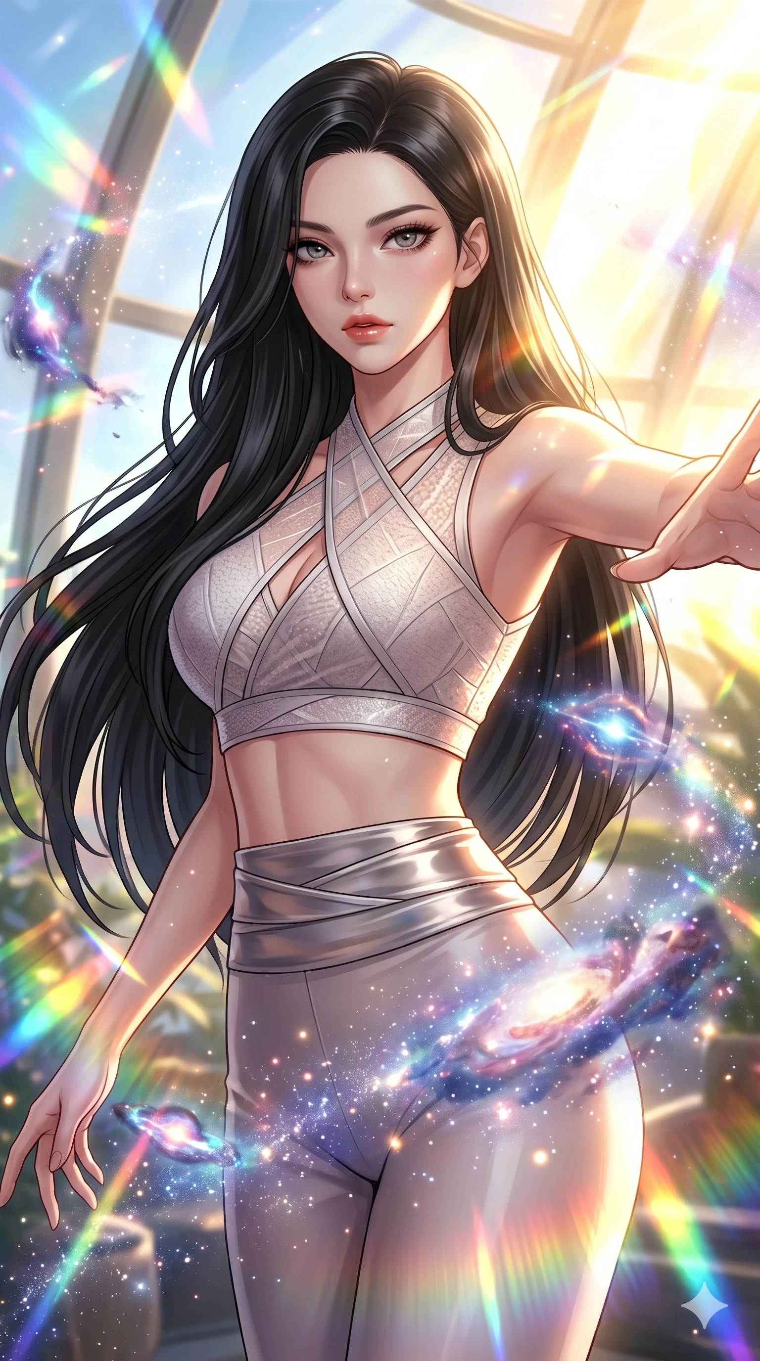 score_9, masterpiece, best quality, ultra-detailed, high-budget anime keyframe, Korean woman. Upper body close-up from the thighs up, character filling the screen for maximum presence. She is posing with dynamic energy as glowing cosmic stardust and floating nebulae swirl around her inside a sunlit orbital conservatory. She looks toward the camera with a captivating, intense gaze. She has an absolutely perfect 8-heads proportion, a tall and elegant figure with a refined silhouette and a defined waistline. V-shaped jawline, high-bridge nose, intricate jewel-like eyes with depth, thick eyelashes, glossy lips with a natural sheen. She is wearing a cropped cyber-fusion wrap top with delicate textured panels, a geometric crossover collar, and a high-waisted metallic sash highlighting her defined waistline. The scene is bathed in brilliant, high-contrast golden solar rays and refracting rainbow lens flares. 2k, ultra detail, master piece, 9:16 ratio