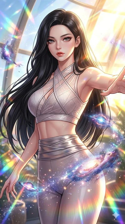 score_9, masterpiece, best quality, ultra-detailed, high-budget anime keyframe, Korean woman. Upper body close-up from the thighs up, character filling the screen for maximum presence. She is posing with dynamic energy as glowing cosmic stardust and 