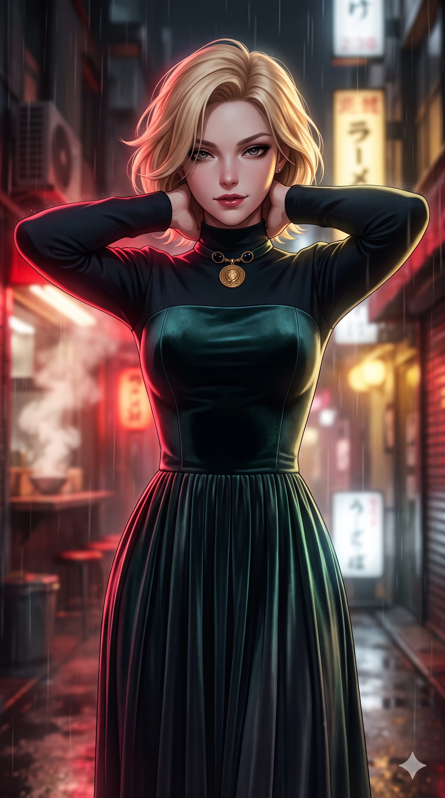 score_9, masterpiece, best quality, ultra-detailed, high-budget anime keyframe, semi-realistic 3D game render, editorial fashion photography, tasteful artistic composition, Caucasian woman. close-up cowboy shot from the waist and thighs up, the character dominates the composition, filling the frame with her large presence. resting both hands lightly behind her neck with elbows raised, arching her spine to highlight her narrow waist, flat midriff, and breathtaking collarbones while glancing down over lowered lashes before meeting the camera with quiet, devastating intensity, her tailored outfit tracing her ultra-slim waist and hips. The background shows a soft-focus steaming noodle bar vents and wet Tokyo alley facades softened in rainy night shallow focus. She has an exceptionally elegant, slender, and willowy female figure with an ultra-slim waist, flat toned midriff, narrow ribcage, and sculpted feminine hips creating an alluring, slim hourglass silhouette without bulk. sharp v-shaped jawline, high-bridge nose, intricate jewel-like dark sparkling eyes with dangerous depth, thick curled eyelashes, glossy parted lips with a rich wine sheen, smoldering seductive half-smile with bedroom-eyes, exuding effortless superiority and intoxicating dark allure, flawlessly proportioned anatomical accuracy, strict slender model proportions, natural body alignment, perfectly sculpted long slender limbs, ultra-slim waistline, clean dynamic posture without body distortion. wearing a refined long-sleeve velvet evening gown with high neckline and fluid pleated column skirt in iridescent petroleum beetle-sheen and deep graphite, tailored from fine lightweight midnight wool crepe with crisp architectural structure, finished with an authentic engraved gold medallion and obsidian cabochons, the bespoke structured tailoring following the natural line of her 8.5-heads silhouette with refined elegance. bathed in intense saturated crimson and warm gold neon underlights contrasting with dark rain-soaked shadow tones. highly saturated vibrant anime colors, detailed shading with soft gradients, rich glossy textures, high-contrast stereoscopic depth, volumetric dynamic lighting, master piece, 9:16 ratio