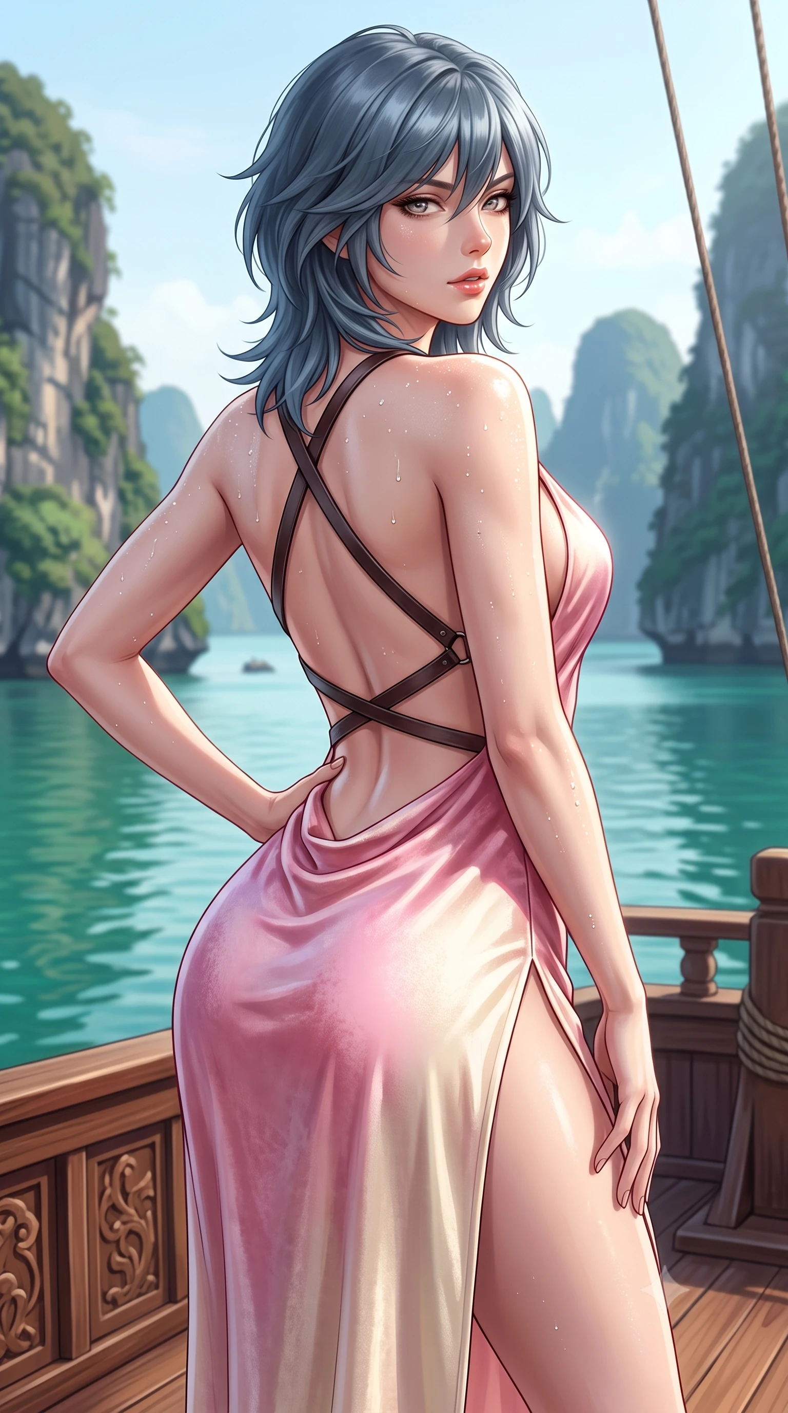score_9, masterpiece, best quality, ultra-detailed, high-budget anime keyframe, semi-realistic 3D game render, editorial fashion photography, tasteful artistic composition, Caucasian woman. close-up cowboy shot from the waist and thighs up, the character dominates the composition, filling the frame with her large presence. posing in an alluring rear three-quarter angle, arching her lower back in a pronounced S-curve with one hand on her hip, glancing seductively over her bare shoulder with parted glossy lips while leaning against the carved teak ship gunwale with hips cocked back, looking over her shoulder with an enigmatic, captivating bedroom-gaze. The surrounding environment is rendered in vivid detail and crisp panoramic clarity. detailed linen resort wear weave, sea mist beads on skin, and Halong Bay landscape clarity in high resolution. She has an exceptionally elegant, slender, and willowy female figure with an ultra-slim waist, flat toned midriff, narrow ribcage, and sculpted feminine hips creating an alluring, slim hourglass silhouette without bulk. sharp v-shaped jawline, high-bridge nose, intricate jewel-like eyes with depth, thick eyelashes, glossy parted lips with a natural sheen, intensely captivating and seductive bedroom-eyes expression, flawlessly proportioned anatomical accuracy, strict slender model proportions, natural body alignment, perfectly sculpted long slender limbs, ultra-slim waistline, clean dynamic posture without body distortion. wearing a backless cowl-neck satin slip dress featuring high-cut side hip slits and delicate criss-cross back straps in sakura blossom pink and warm ivory, crafted from heavyweight crushed silk velvet with liquid vintage luster, featuring an open-back criss-cross harness strap in dark leather, the precision-cut side openings and low-back scoop framing her graceful spine and the sensual sweep of her slim, toned hips. illuminated by radiant jade water reflections accentuating her sculpted midriff, narrow waist, and curvy hips. highly saturated vibrant anime colors, detailed shading with soft gradients, rich glossy textures, high-contrast stereoscopic depth, volumetric dynamic lighting, master piece, 9:16 ratio