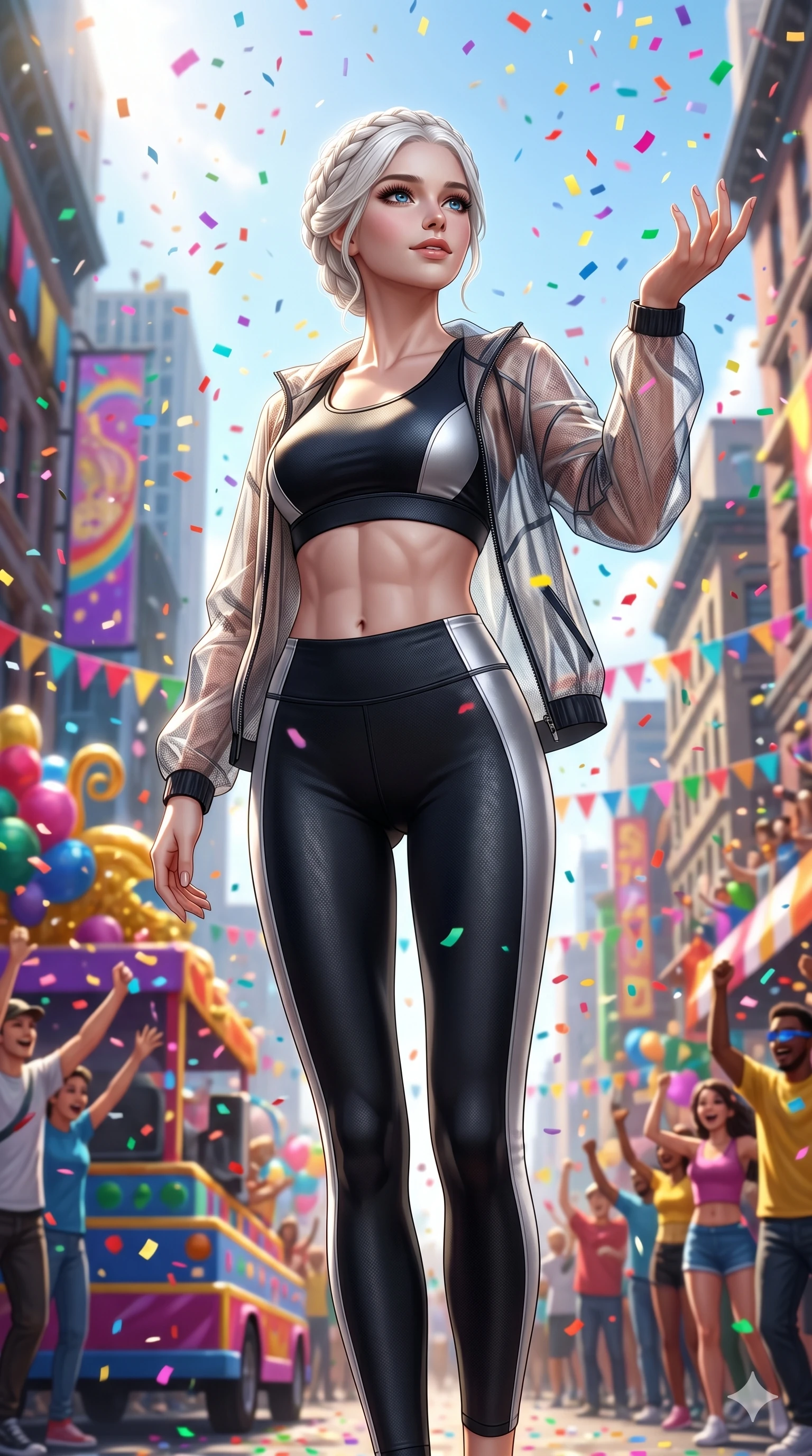 score_9, masterpiece, best quality, ultra-detailed, Set A: Photorealistic 8k CG, Japanese woman. Low angle cowboy shot filling the entire 9:16 frame with her statuesque presence. Standing in a rain of colorful confetti on a grand parade. She has an absolutely perfect 8-heads proportion, an exceptionally tall and slender female figure with impossibly long slender legs and an ultra-slim waist. Sharp v-shaped jawline, high-bridge nose, intricate jewel-like eyes with depth, thick eyelashes, glossy lips. Wearing a Premium Athleisure outfit: sleek activewear with a sheer windbreaker and exposed midriff. Background is a bright and colorful city street with vibrant decorations and bright sunlight. 2k, ultra detail, master piece, 9:16 ratio