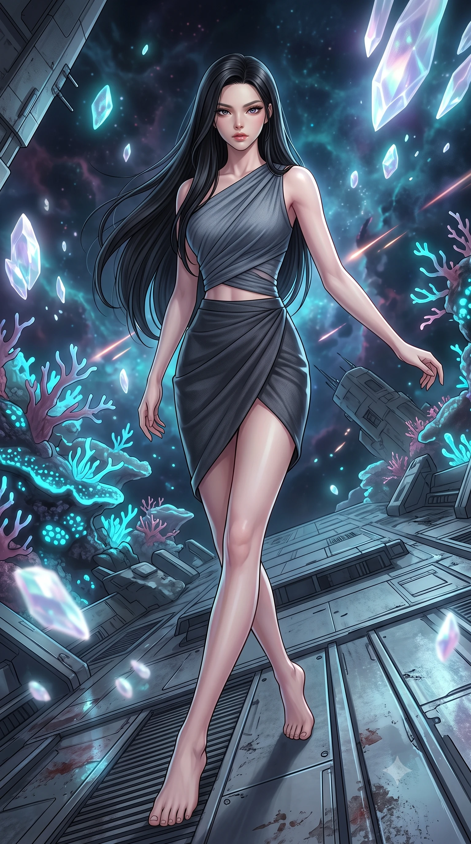 score_9, masterpiece, best quality, ultra-detailed, high-budget anime keyframe, editorial fashion photography, tasteful artistic composition, Korean woman. low angle full-body shot from head to toe showing her feet, filling the entire 9:16 vertical frame with her statuesque presence, stretching her vertical silhouette. skidding across a metal flight deck as the starship tilts violently during battle inside a space reef made of floating organic coral formations that pulse with cyan bioluminescence in a dark nebula. She has a statuesque 8.5-heads proportion, an exceptionally tall, slender and willowy model-like build with impossibly long legs and a highly sculpted ultra-slim waist. sharp v-shaped jawline, high-bridge nose, intricate jewel-like eyes with depth, thick eyelashes, glossy lips with a natural sheen. wearing catching and diffusing the glowing particles, shimmering softly in response to the surrounding light, a body-hugging asymmetric draped knit top in slate grey, paired with a matching high-waisted charcoal wrap skirt wrapping her hips. highly saturated vibrant anime colors, intense vivid color palette, soft 3D volumetric shading, volumetric dynamic lighting, ethereal pearlescent light emanating from floating crystalline formations all around. 2k, ultra detail, master piece, 9:16 ratio