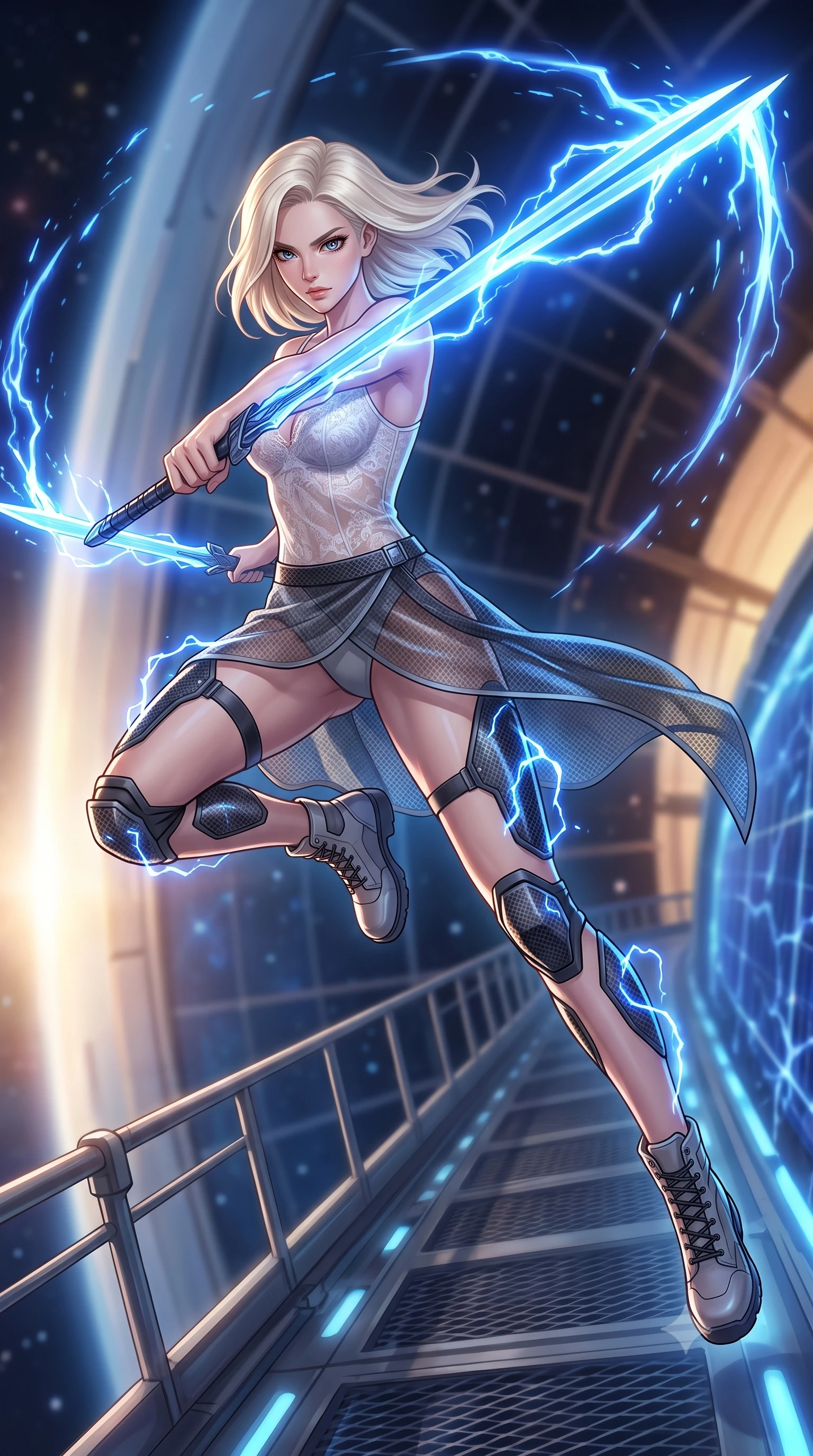score_9, masterpiece, best quality, ultra-detailed, high-budget anime keyframe, editorial fashion photography, tasteful artistic composition, Caucasian woman. low angle full-body shot from head to toe showing her feet, filling the entire 9:16 vertical frame with her statuesque presence, stretching her vertical silhouette. leaping forward while slashing with a twin-bladed plasma sword in mid-air, her body-contouring suit showing her athletic silhouette, the background shows a soft-focus a maintenance catwalk tracking along the edge of a solar wind collector. She has an absolutely perfect, statuesque 8.5-heads proportion, an exceptionally tall and slender model-like female figure with impossibly long slender legs and an ultra-slim waist. sharp v-shaped jawline, high-bridge nose, intricate jewel-like eyes with depth, thick eyelashes, glossy lips with a natural sheen. wearing a slim-fit sheer white lace combat camisole paired with a semi-transparent carbon-mesh wrap skirt. arcs of blue solar plasma discharging and illuminating her carbon armor. highly saturated vibrant anime colors, detailed shading with soft gradients, rich glossy textures, high-contrast stereoscopic depth, volumetric dynamic lighting, master piece, 9:16 ratio