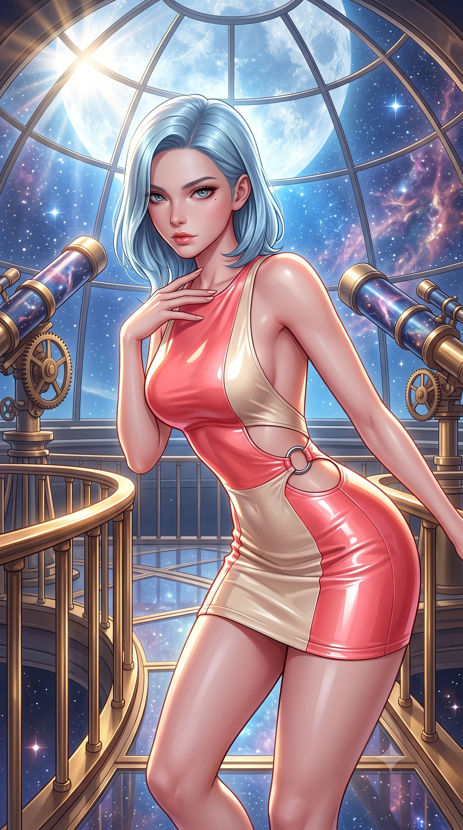 score_9, masterpiece, best quality, ultra-detailed, high-budget anime keyframe, semi-realistic 3D game render, editorial fashion photography, tasteful artistic composition, Korean woman. close-up cowboy shot from the waist and thighs up, the character dominates the composition, filling the frame with her large presence. leaning forward with a dangerous, enticing smolder, resting one hand near her collarbone while casting a fiery, magnetic direct gaze while stepping along a curved mezzanine walkway under a soaring glass dome catching brilliant starlight and moonlight. The surrounding environment is rendered in vivid detail and crisp panoramic clarity. sharp glass dome framing, detailed telescope gears, and cosmic nebula filaments in high clarity. She has an exceptionally elegant, slender, and willowy female figure with an ultra-slim waist, a gracefully sculpted slender torso, toned flat midriff, and a refined slim silhouette. sharp v-shaped jawline, high-bridge nose, intricate jewel-like eyes with depth, thick eyelashes, glossy lips with a natural sheen, flawlessly proportioned anatomical accuracy, strict slender model proportions, natural body alignment, perfectly sculpted long slender limbs, ultra-slim waistline, clean dynamic posture without body distortion. wearing a second-skin fashion-latex mini dress with a clean architectural front, featuring an open-back design that wraps around the sides of her waist, showcasing her slender silhouette in radiant coral pink and champagne ivory, crafted from ultra-reflective second-skin latex with a high-gloss glass-like polish, detailed with polished silver rings connecting the daring side-waist cutouts, the liquid-tight tailored fabric emphasizing every curve of her tall, slender model proportions and sculptured silhouette during dynamic movement. bathed in warm golden brass reflections and radiant sapphire starlight ambient fill. highly saturated vibrant anime colors, detailed shading with soft gradients, rich glossy textures, high-contrast stereoscopic depth, volumetric dynamic lighting, master piece, 9:16 ratio